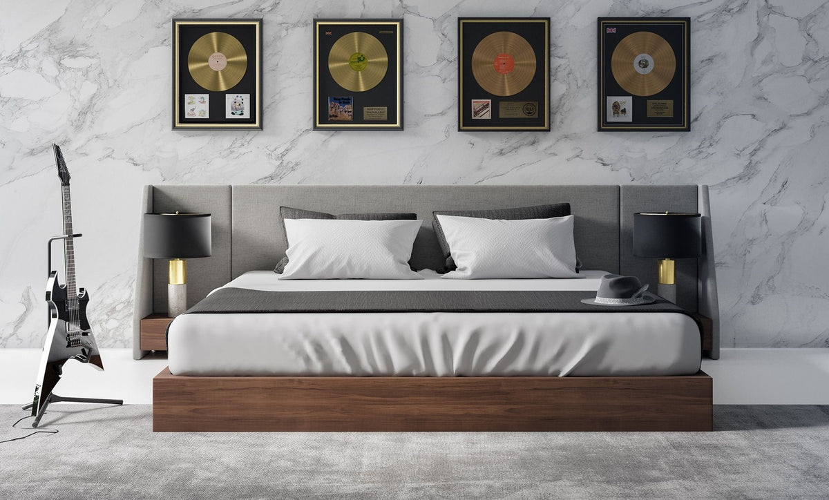 Janice - Modern Grey Fabric and Walnut Bed and Nightstands