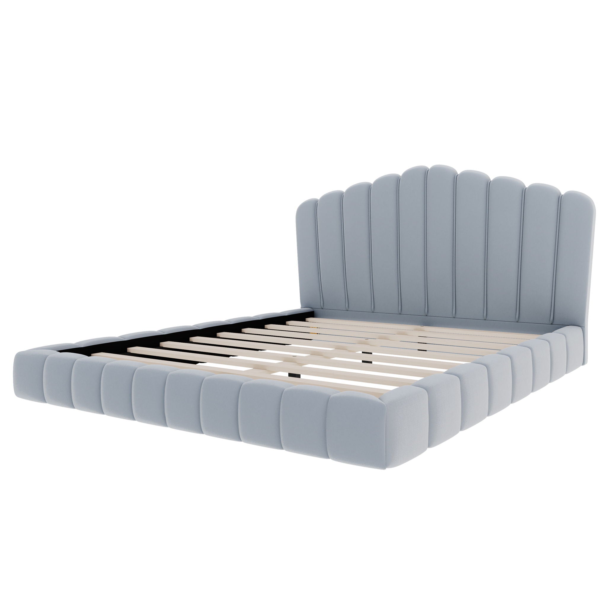 Queen Upholstered Bed Frame With Shell Shaped Headboard - Light Blue - Light Blue
