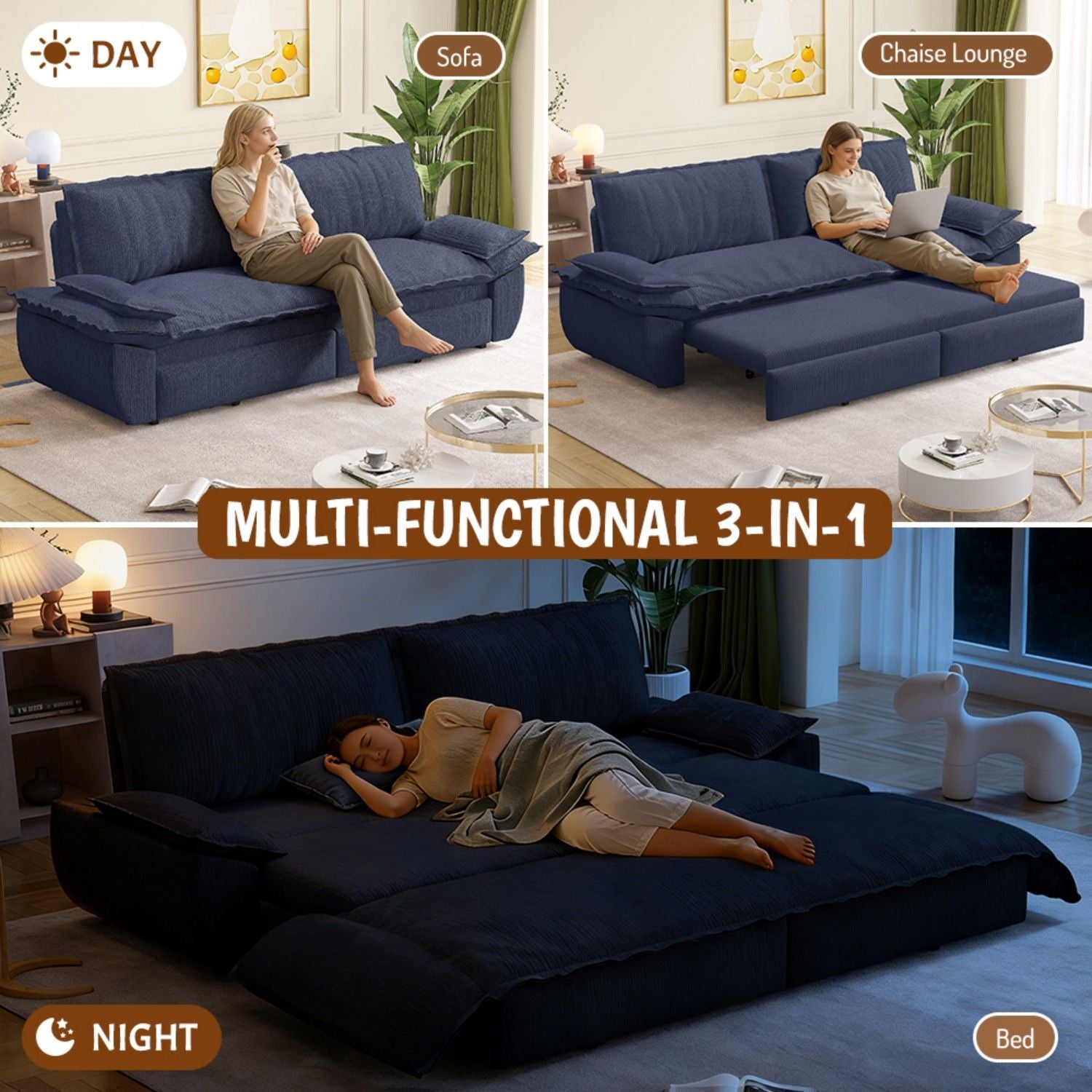 Queen Pull Out 3 In 1 Convertible Sleeper Sofa Bed - Blue