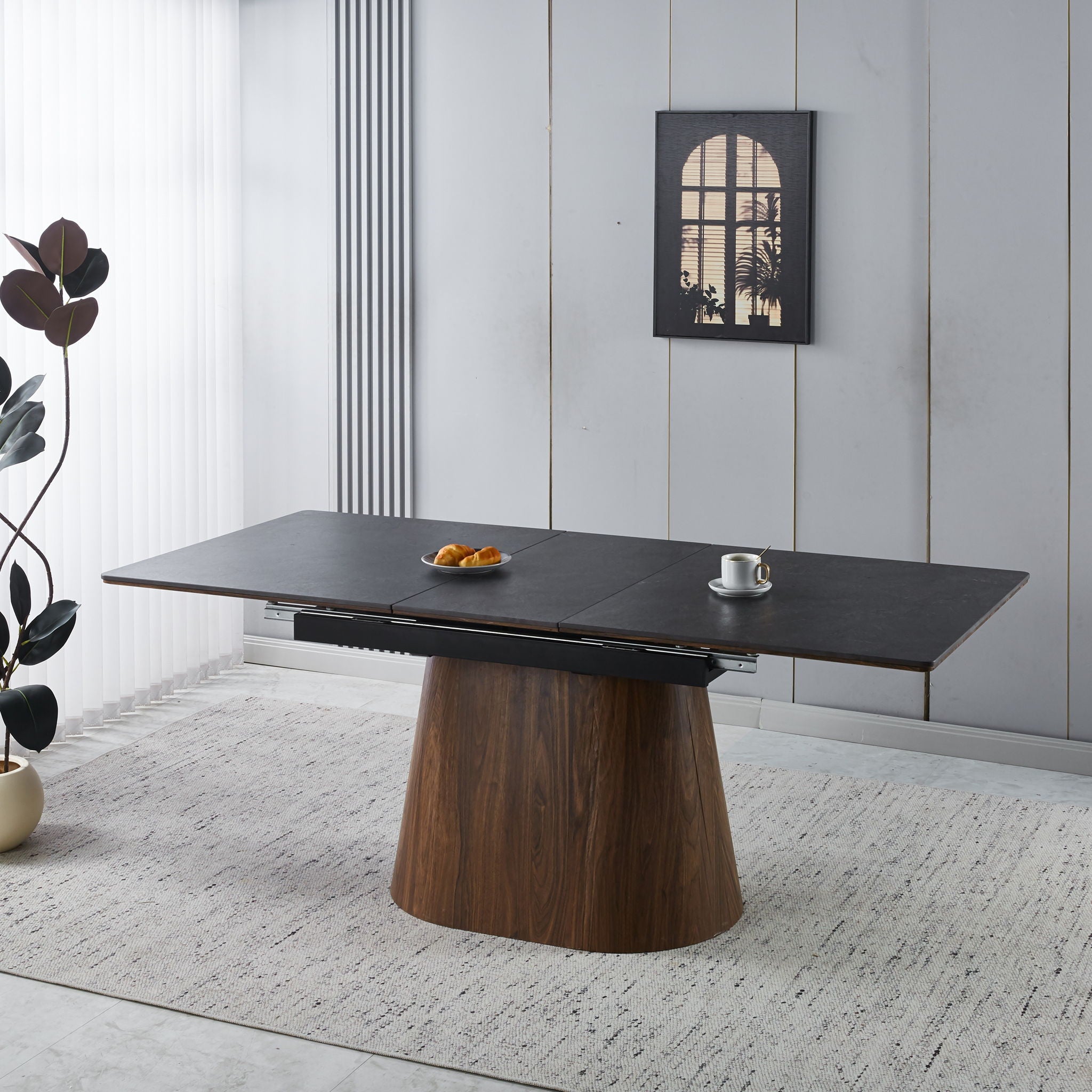 Extendable Dining Table With Cone Base - Brown / Black