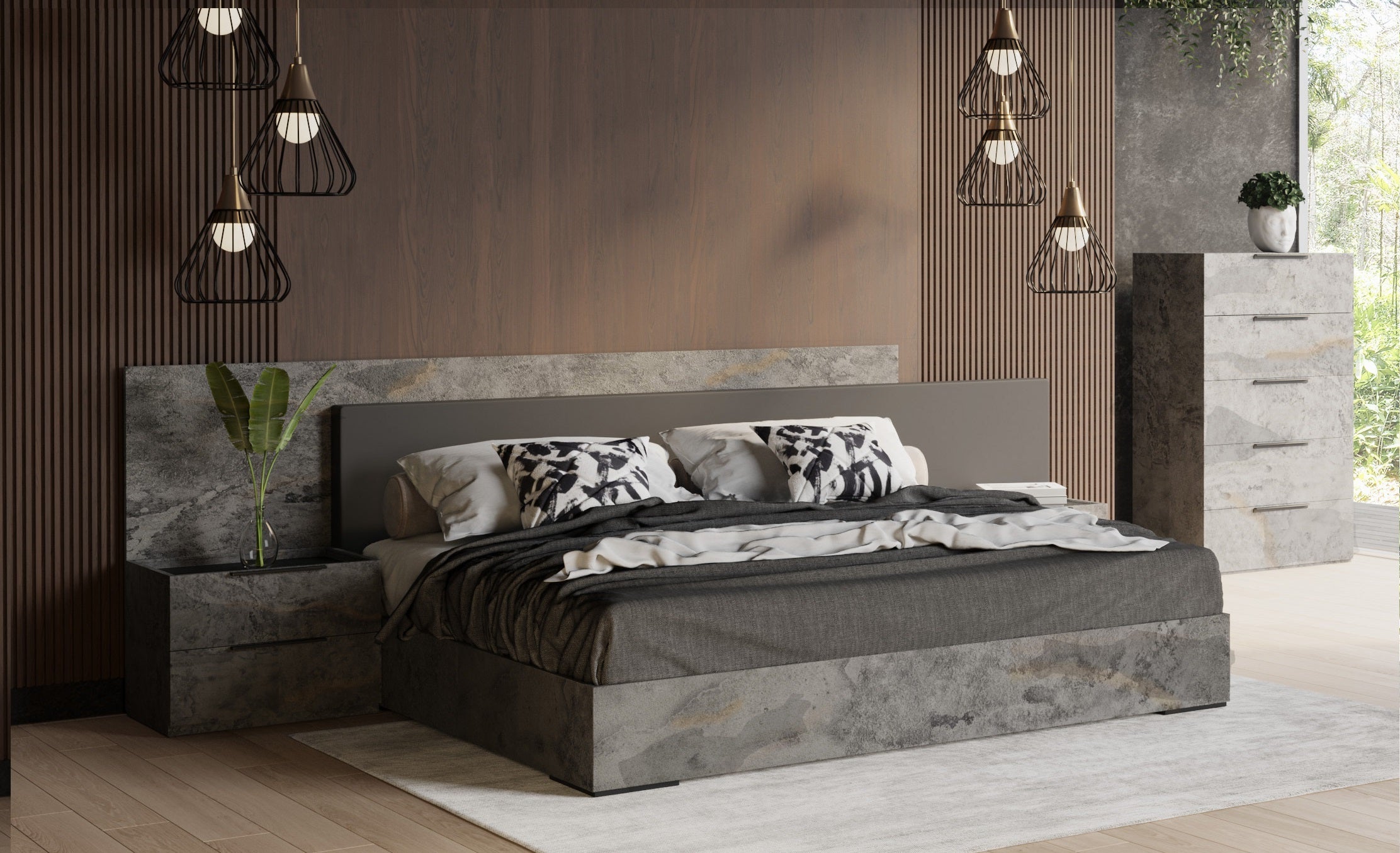 Nova Domus Ferrara - Modern Volcano Oxide Grey Bed with Nightstands