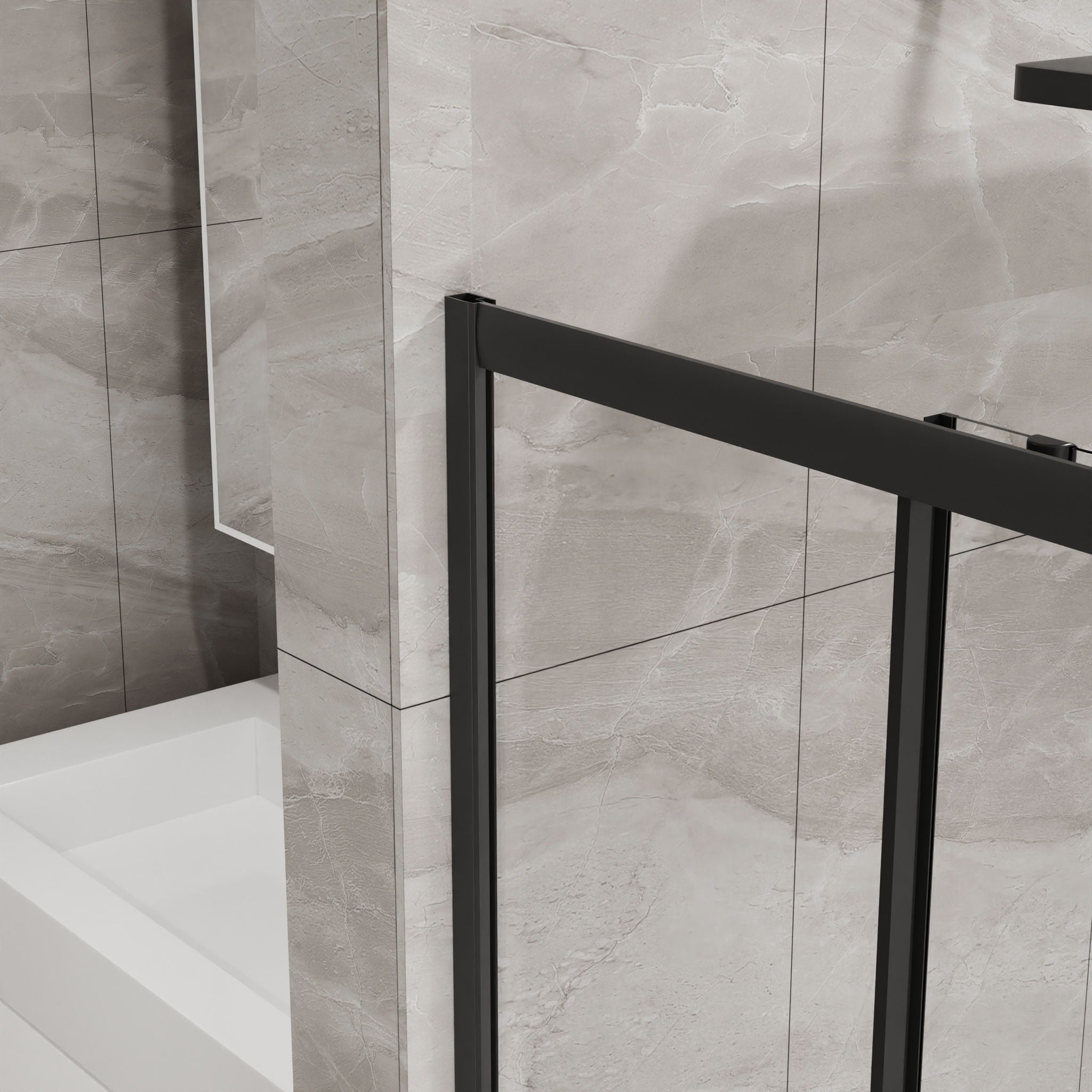 Corner Shower Enclosure, Double Sliding Door & Shower Base - Matte Black