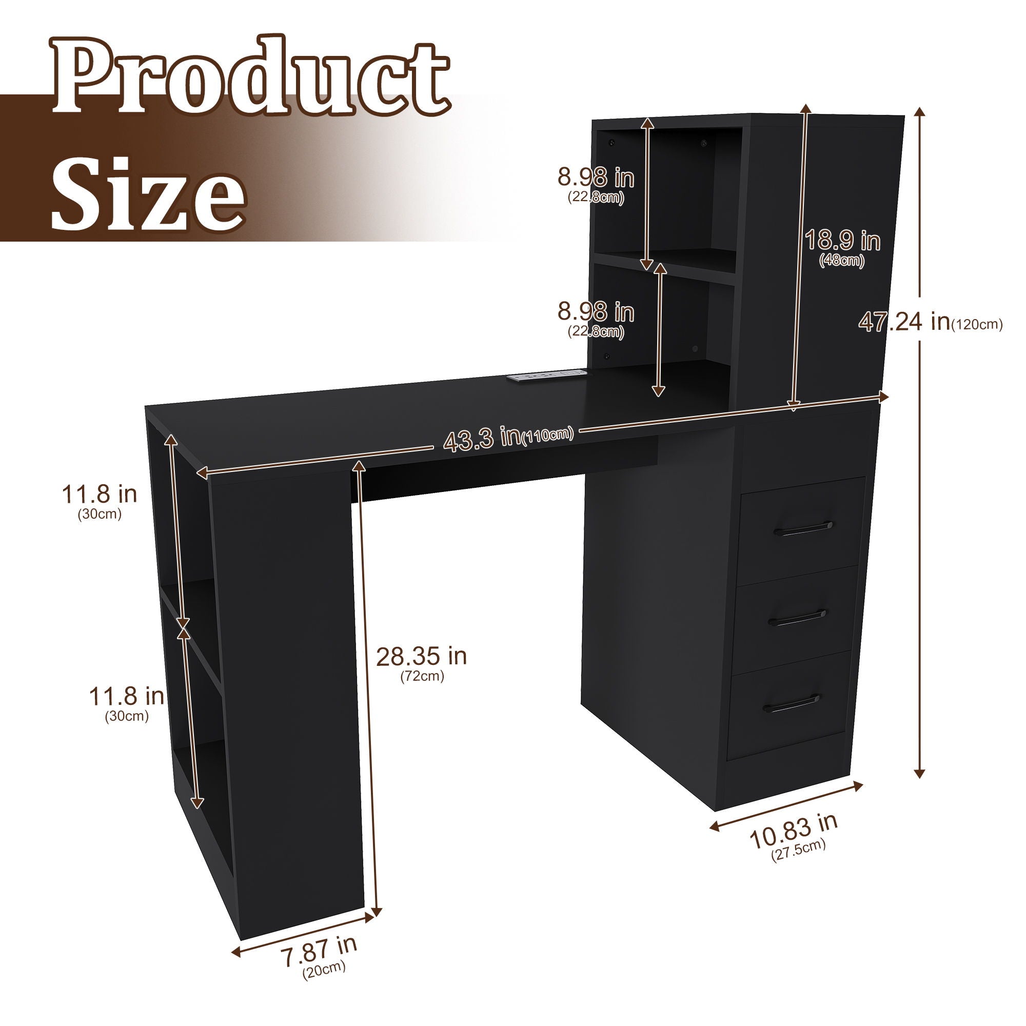 Computer Desk With 4 In 1 Socket & 3 Drawers, 4 Tier Shelves