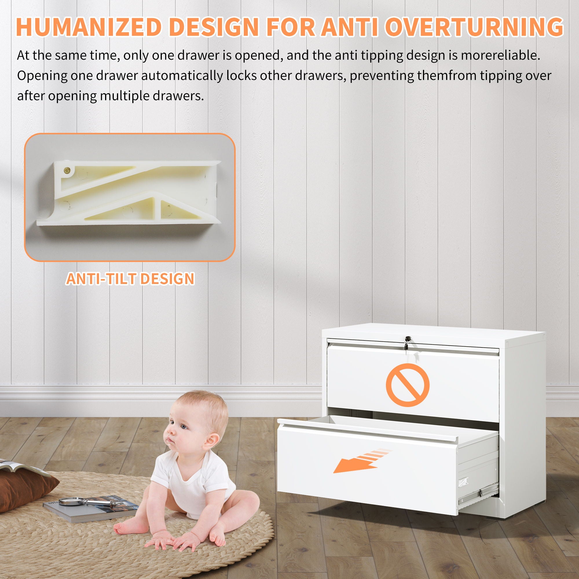 Lateral File Cabinet 2 Drawer, Locking File Cabinet With Anti Tip Interlock, Heavy Duty Storage For Letter / Legal / A4 Files - White