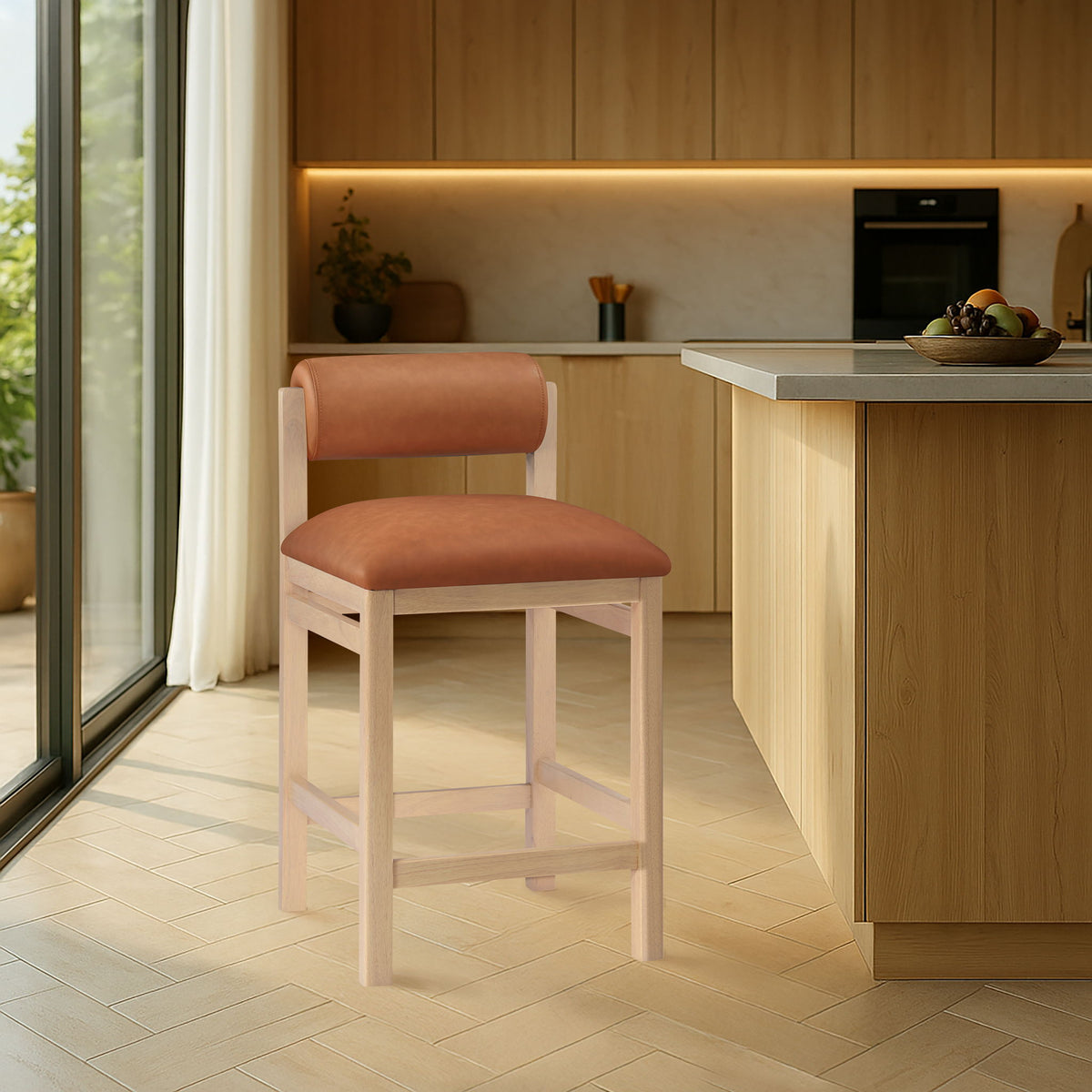 Roundhill - Faux Leather Counter Stool - Natural Frame