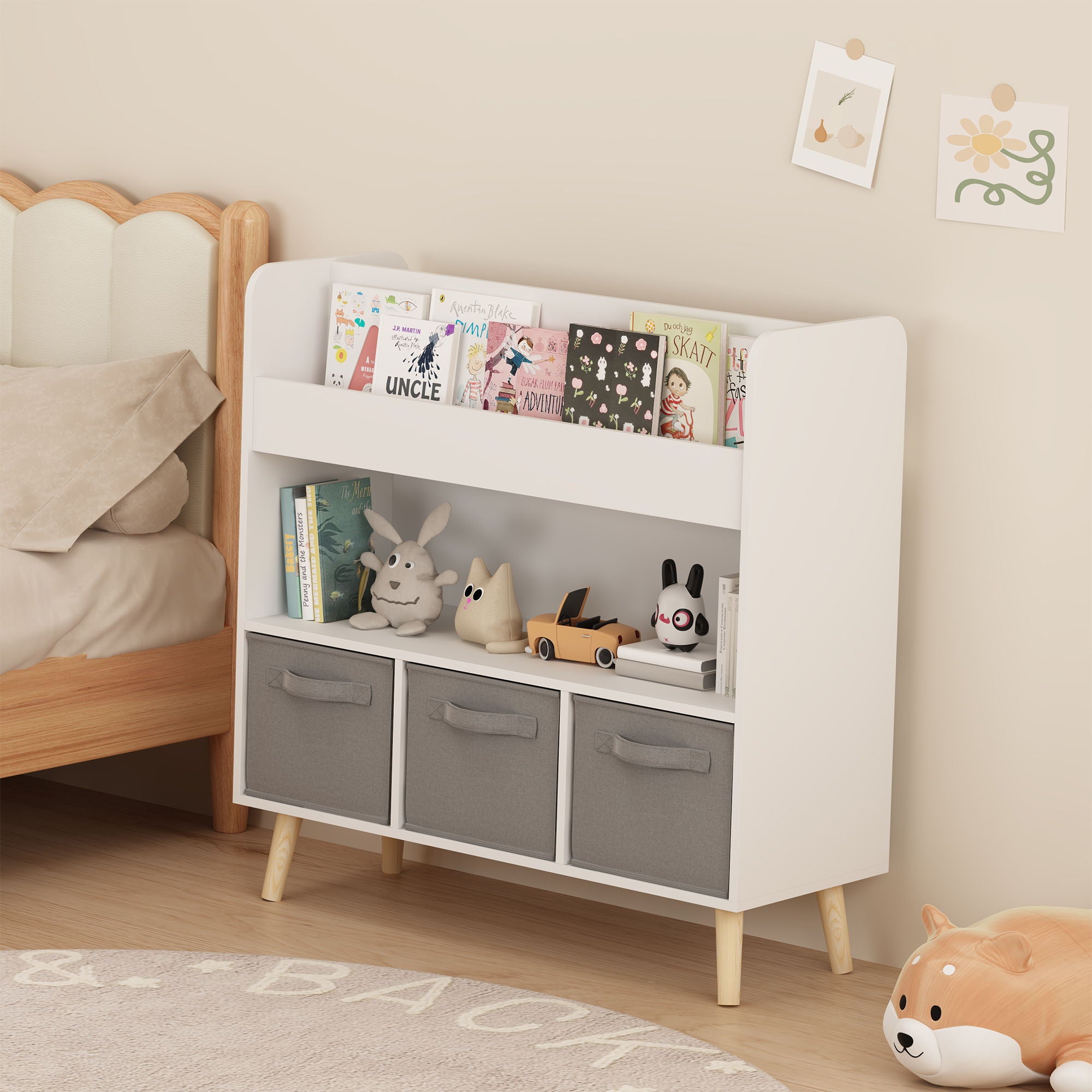 Bookshelf With 3 Bins, Storage Shelf For Toys And Books
