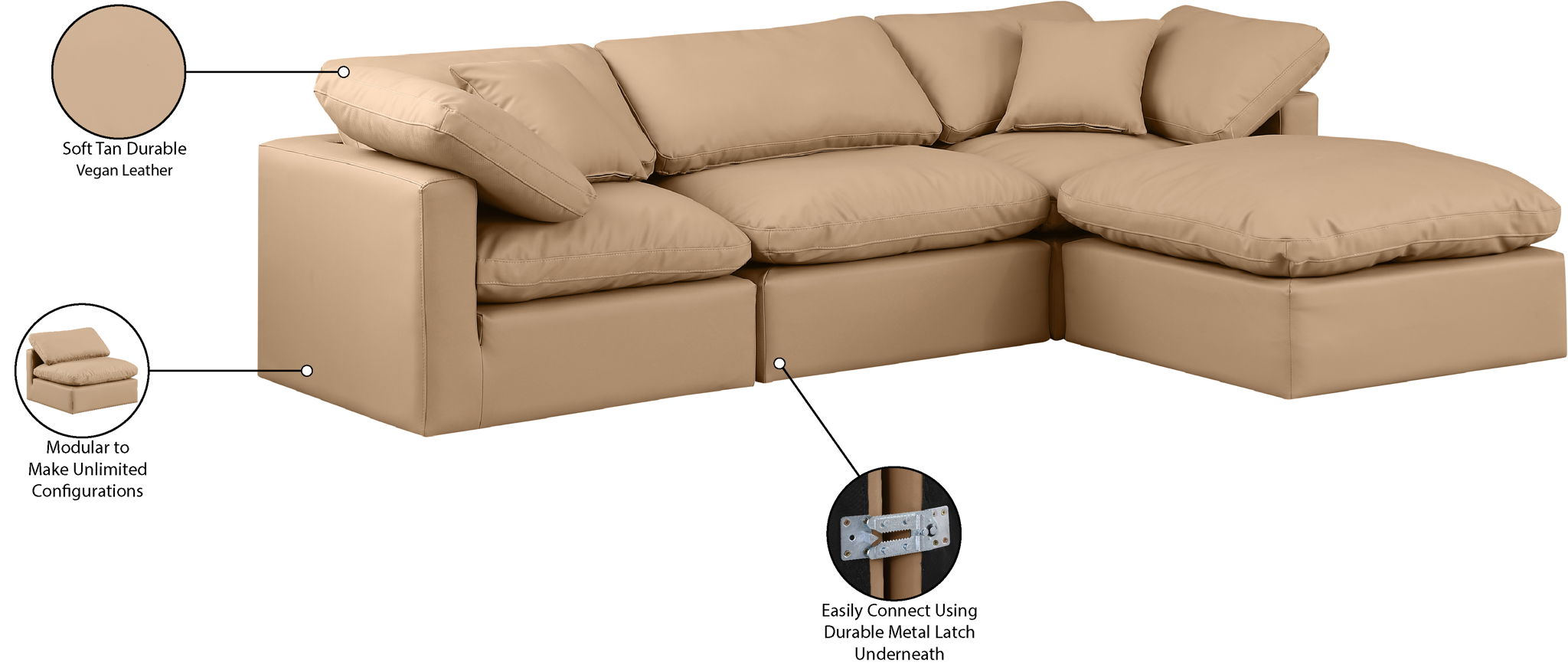 Indulge - Faux Leather 4 Piece Modular Sectional With Chaise - Tan