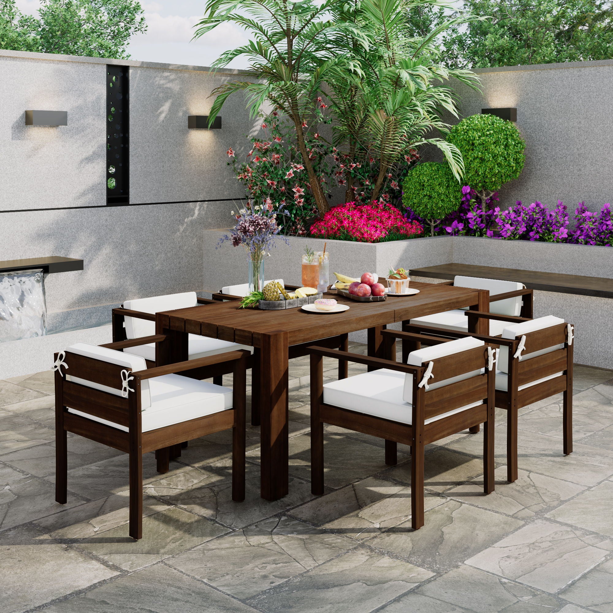 Rustic Patio Dining Set For 6 With Removable Cushions