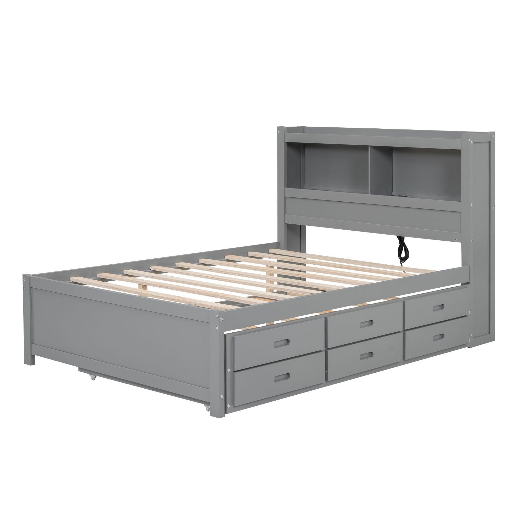 Platform Bed With Trundle, Drawers, USB Ports And Built In Shelves