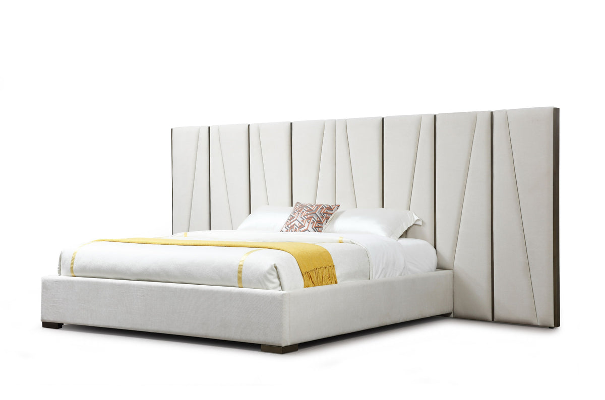Nixa - Modern Beige Velvet + Brushed Bronze Bed + Birch Nightstands