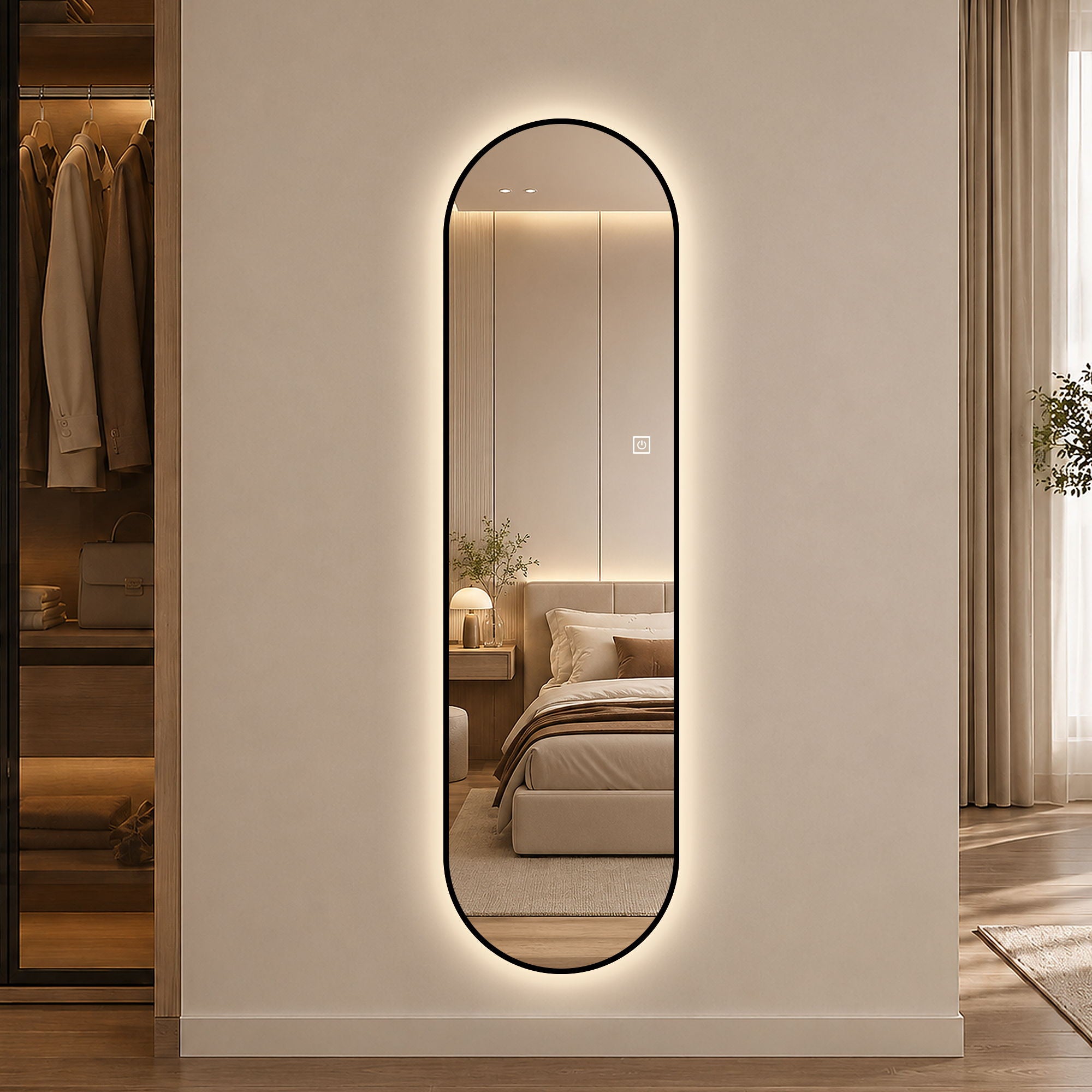 Capsule Shaped Dimmable LED Full Length Wall Mirror With Frame - Silver