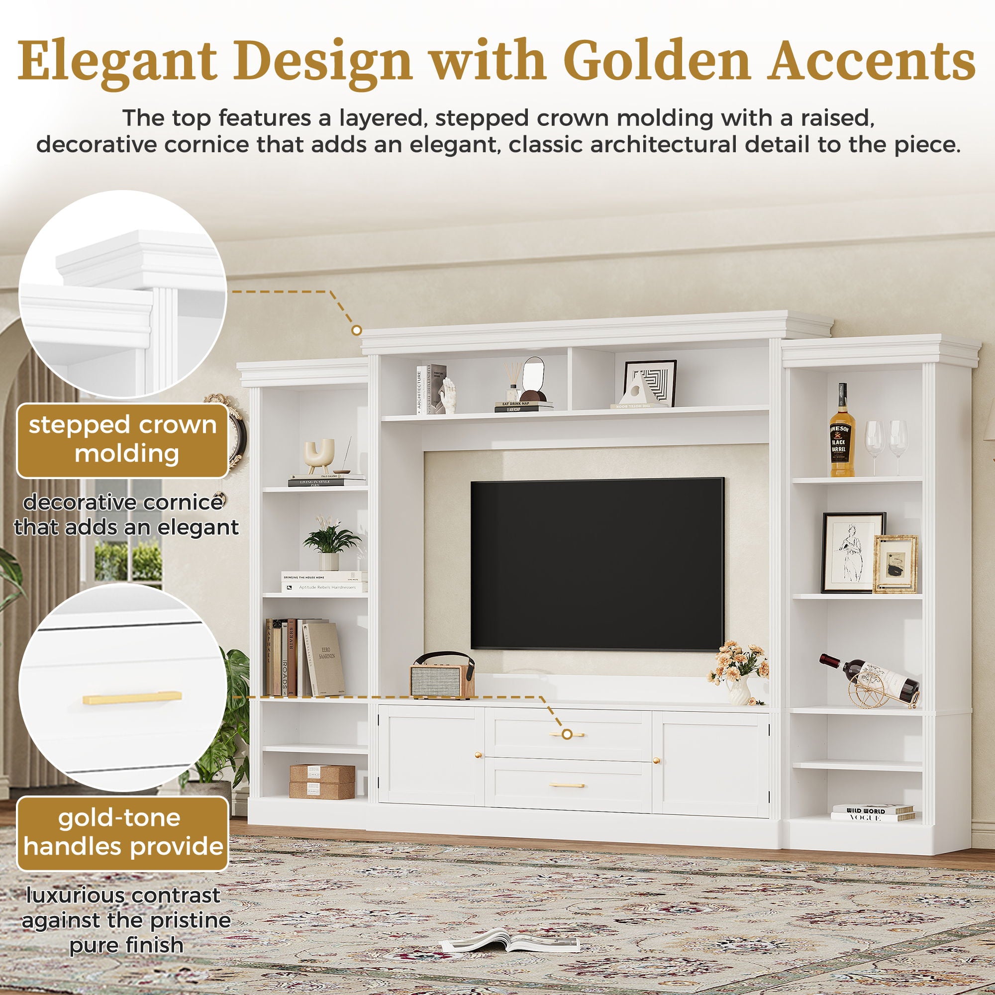 Elegant Entertainment Center Wall Unit With Bookshelves