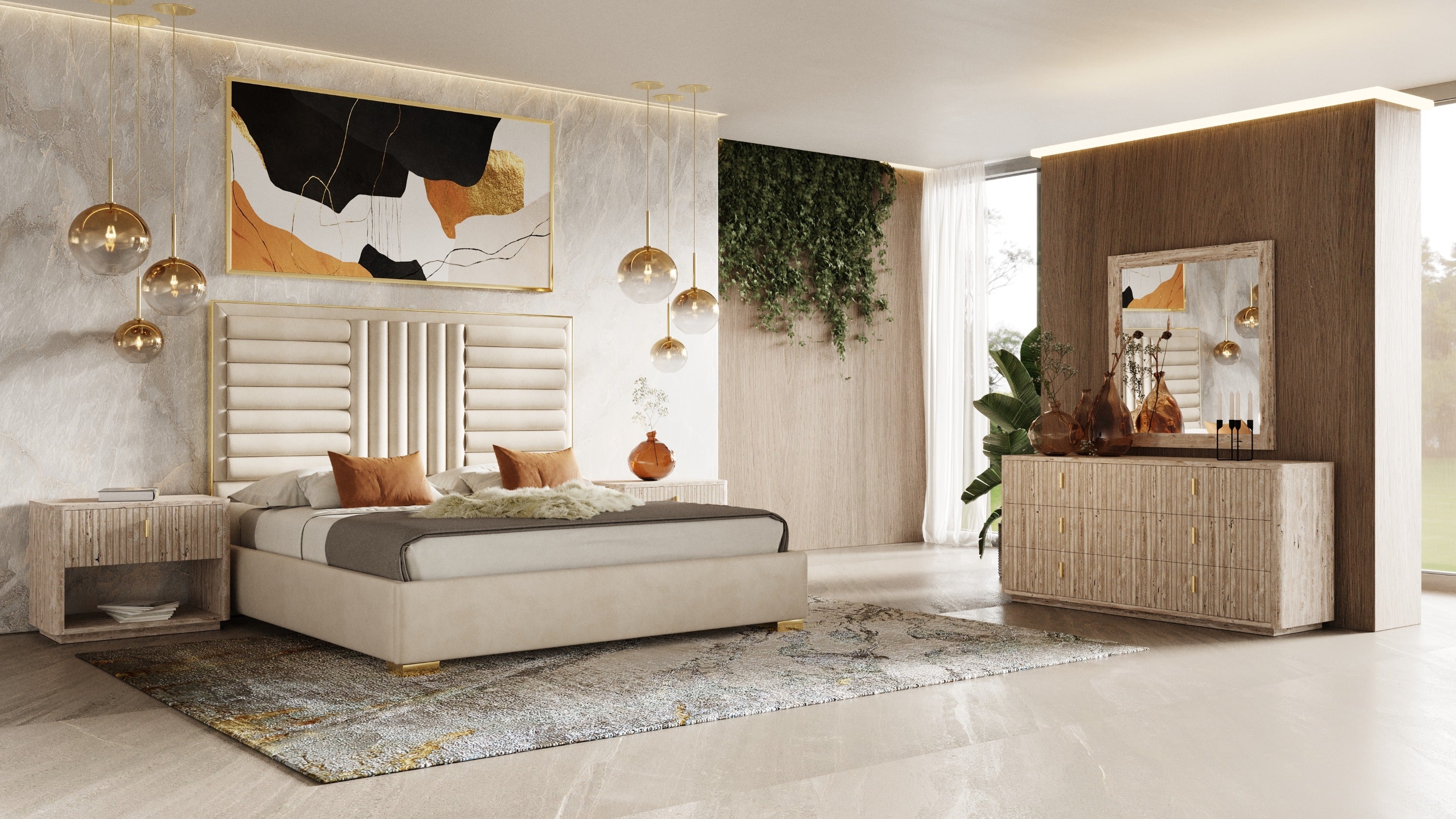 Nova Domus Daystar + Roma - Modern Beige Velvet + Travertine + Gold Bedroom Set