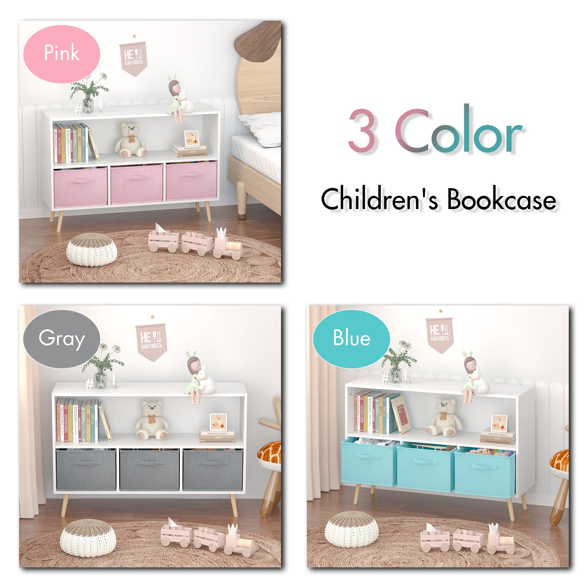 Bookcase With Collapsible Drawers, Book Display Storage Cabinet Organizer - White / Blue