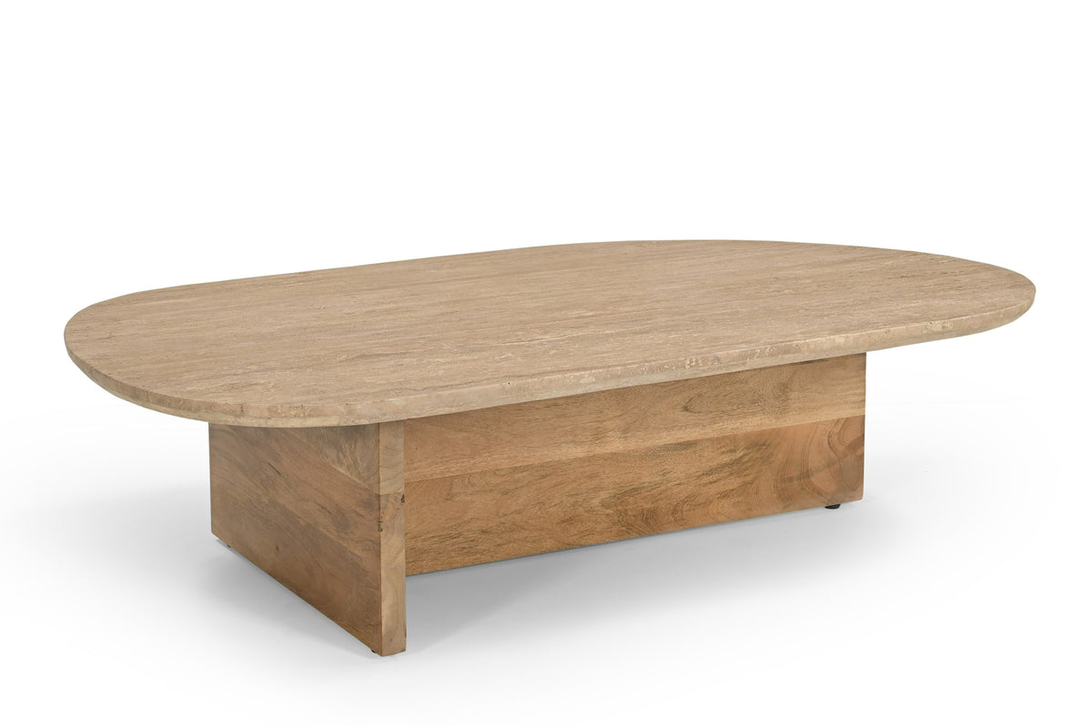 Chisholm - Modern Travertine Marble + Wood Freeform Coffee Table