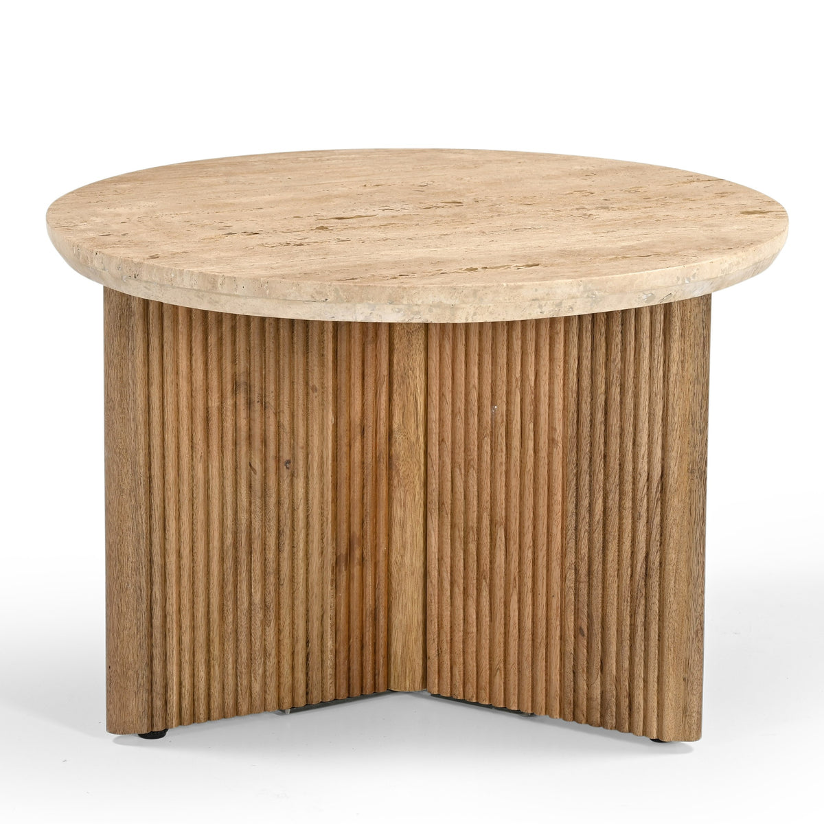 Pawnee - Modern Travertine Marble + Wood Round End Table