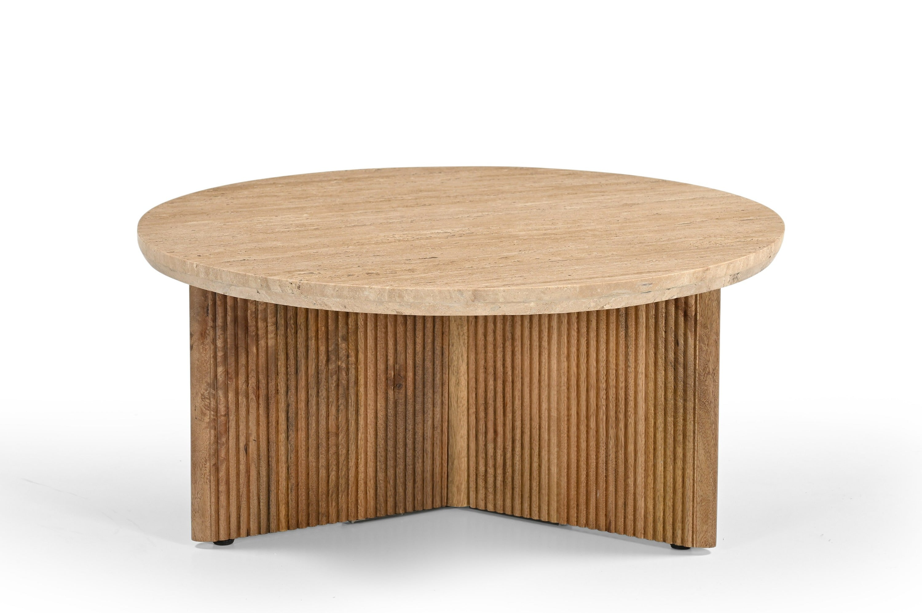 Modrest Pawnee - Modern Travertine Marble + Wood Round Coffee Table