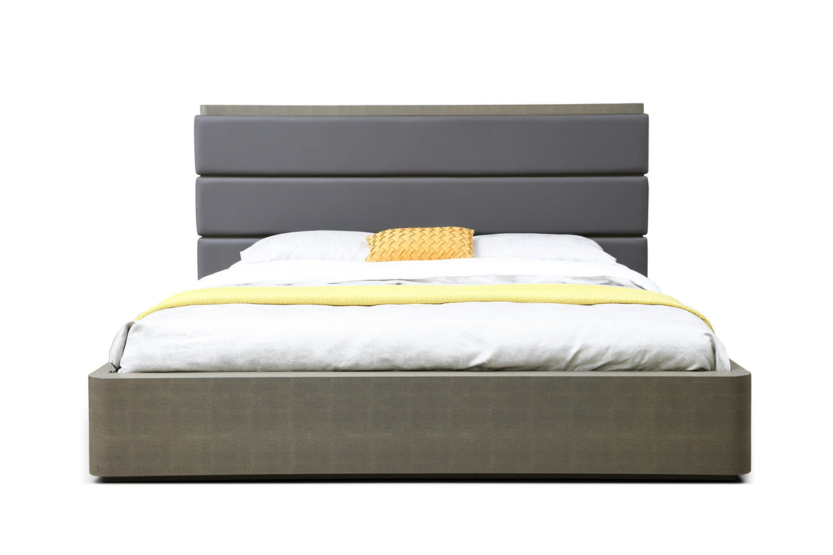 Lois - Modern Grey Leather & Beige Shagreen Bedroom Set