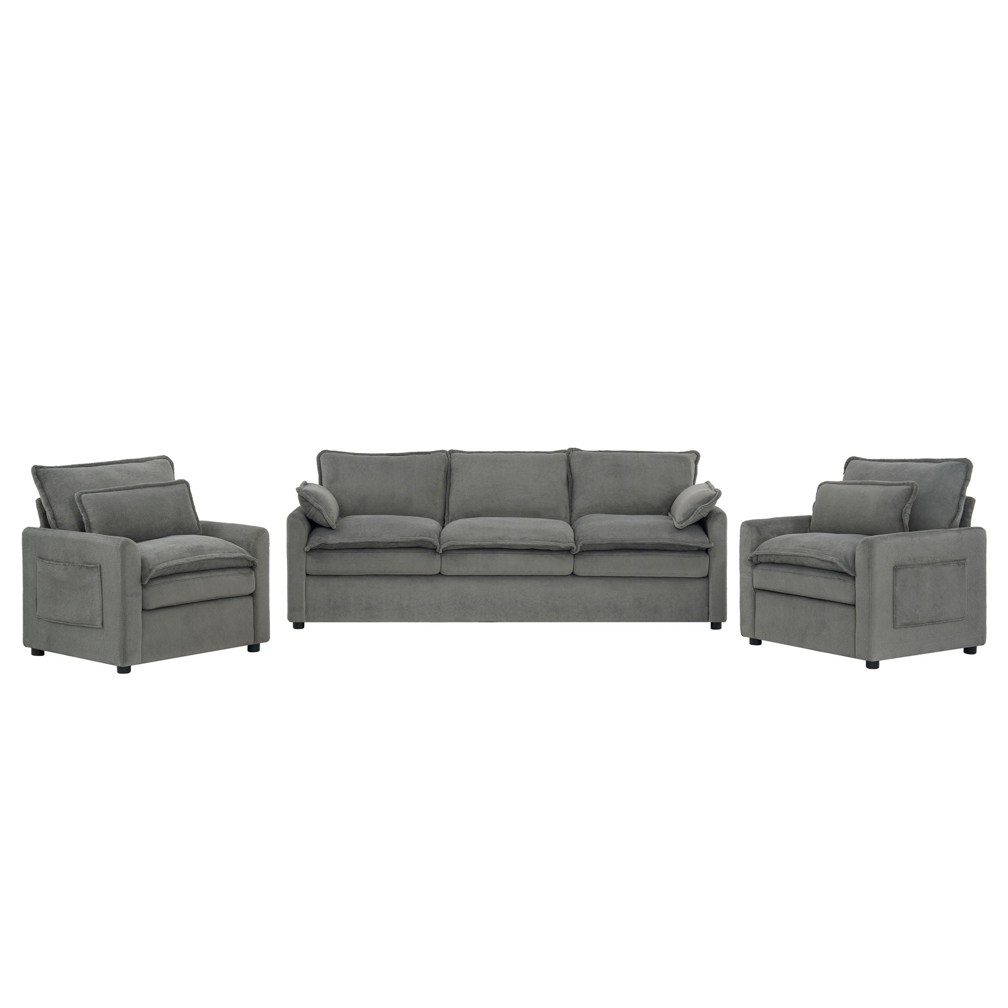 Modern Sofa Set With Double Layer Cushion And Side Storage Pockets