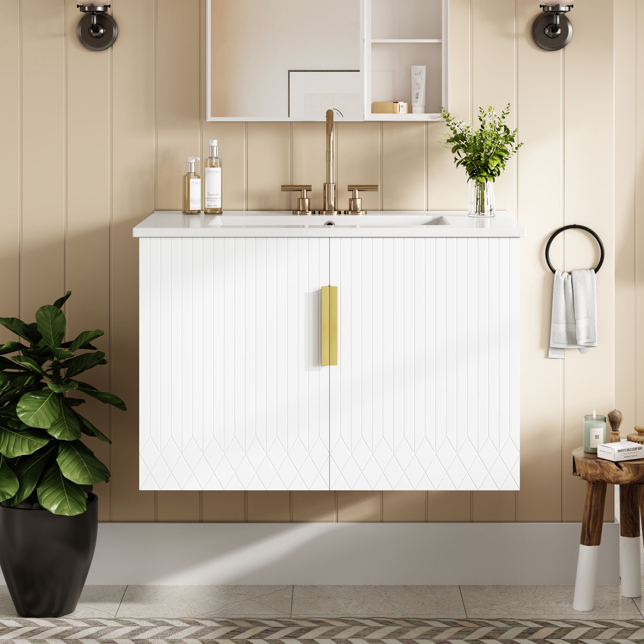 Bathroom Vanity With Sink, Rectangular Storage Cabinet With 2 Soft Closing Doors - White