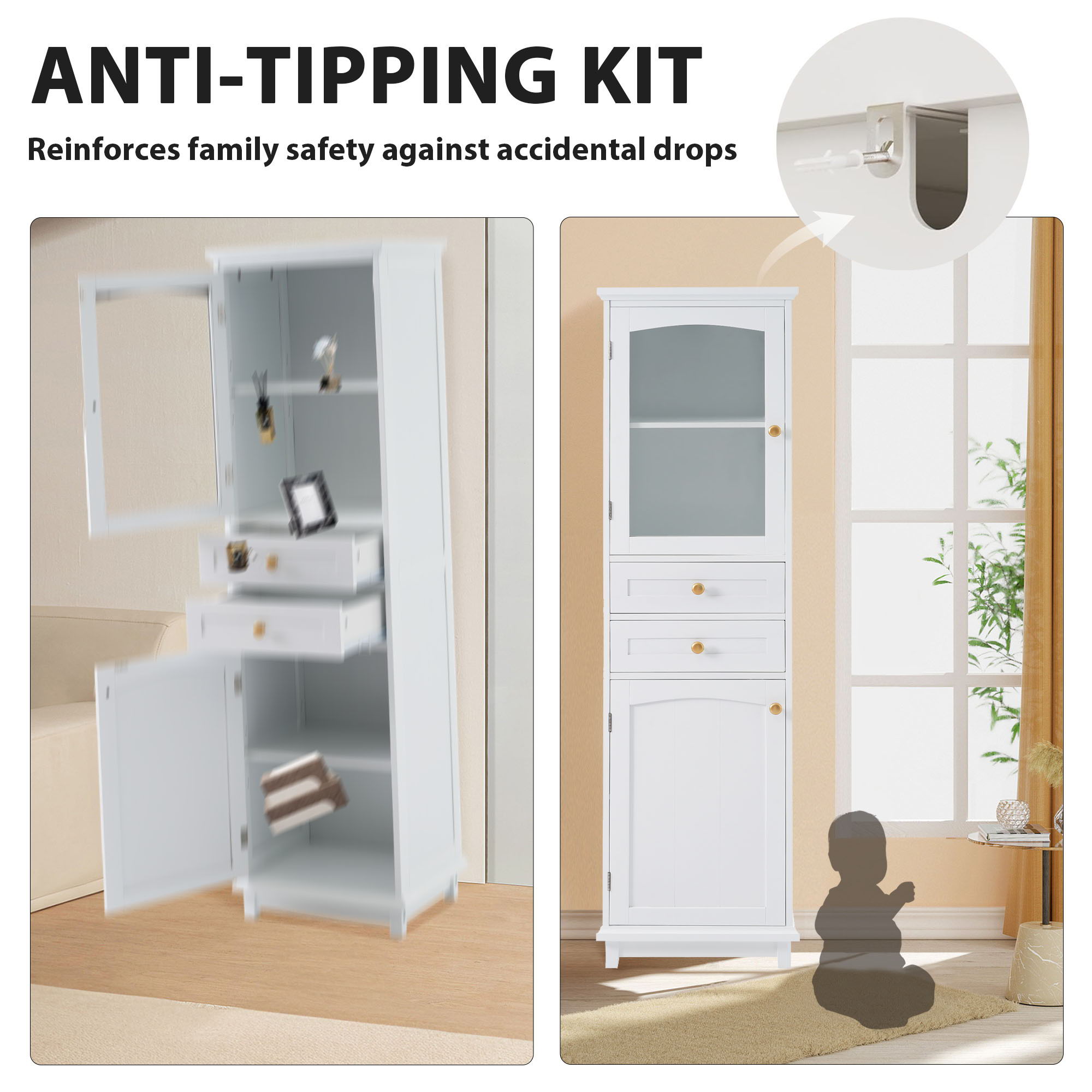 Tall Bathroom Storage Cabinet With Glass Doors, Free-Standing, Two Drawers, And Adjustable Shelves, Board, Painted Perfect For Displaying Your Favorite Items