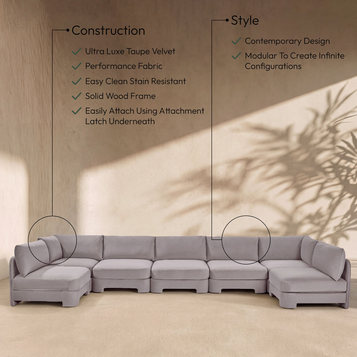 Hammond - Velvet Performance Fabric Upholstered 7 Piece U-Shaped Armless Sectional