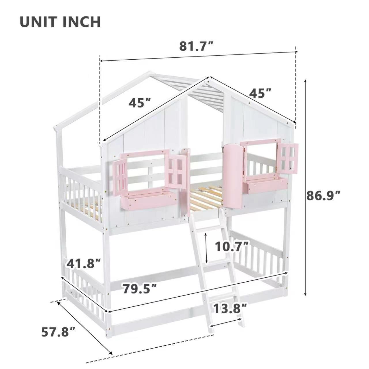 House Bunk Bed With Roof, Window, Window Box, Door, With Safety Guardrails And Ladder