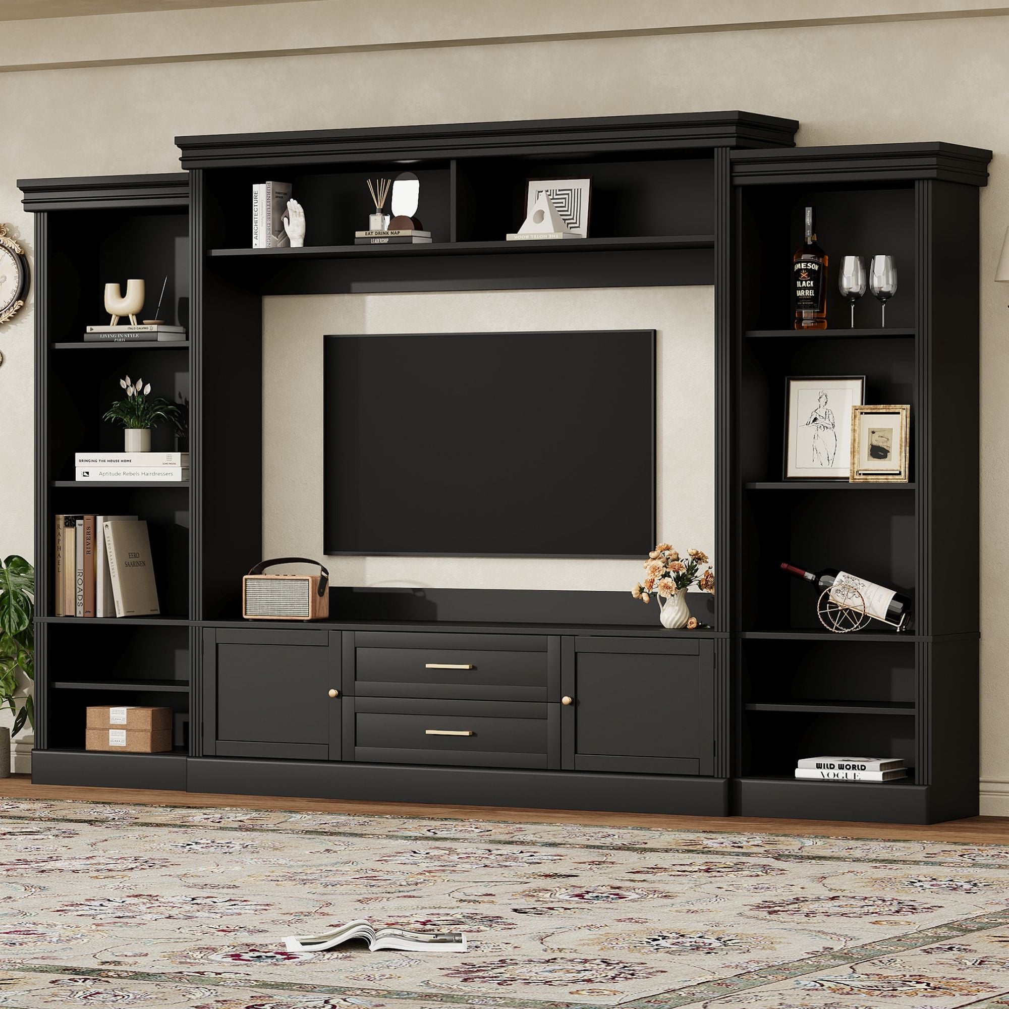 Elegant Entertainment Center Wall Unit With Bookshelves