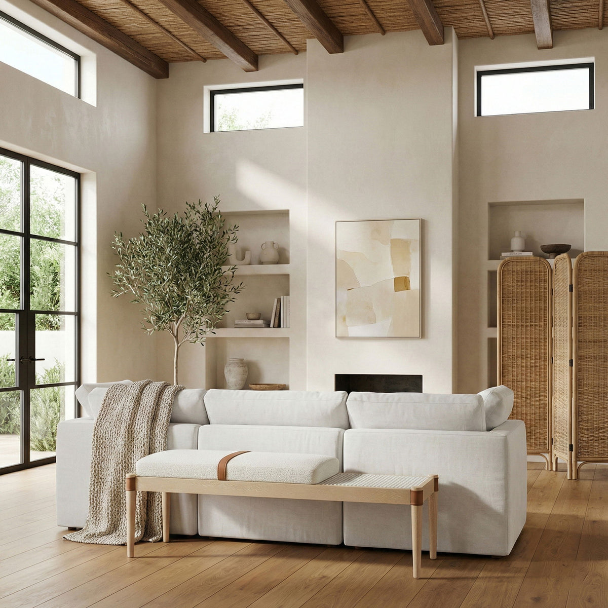 Nara - Linen Textured Fabric Upholstered Bench - Painted Natural