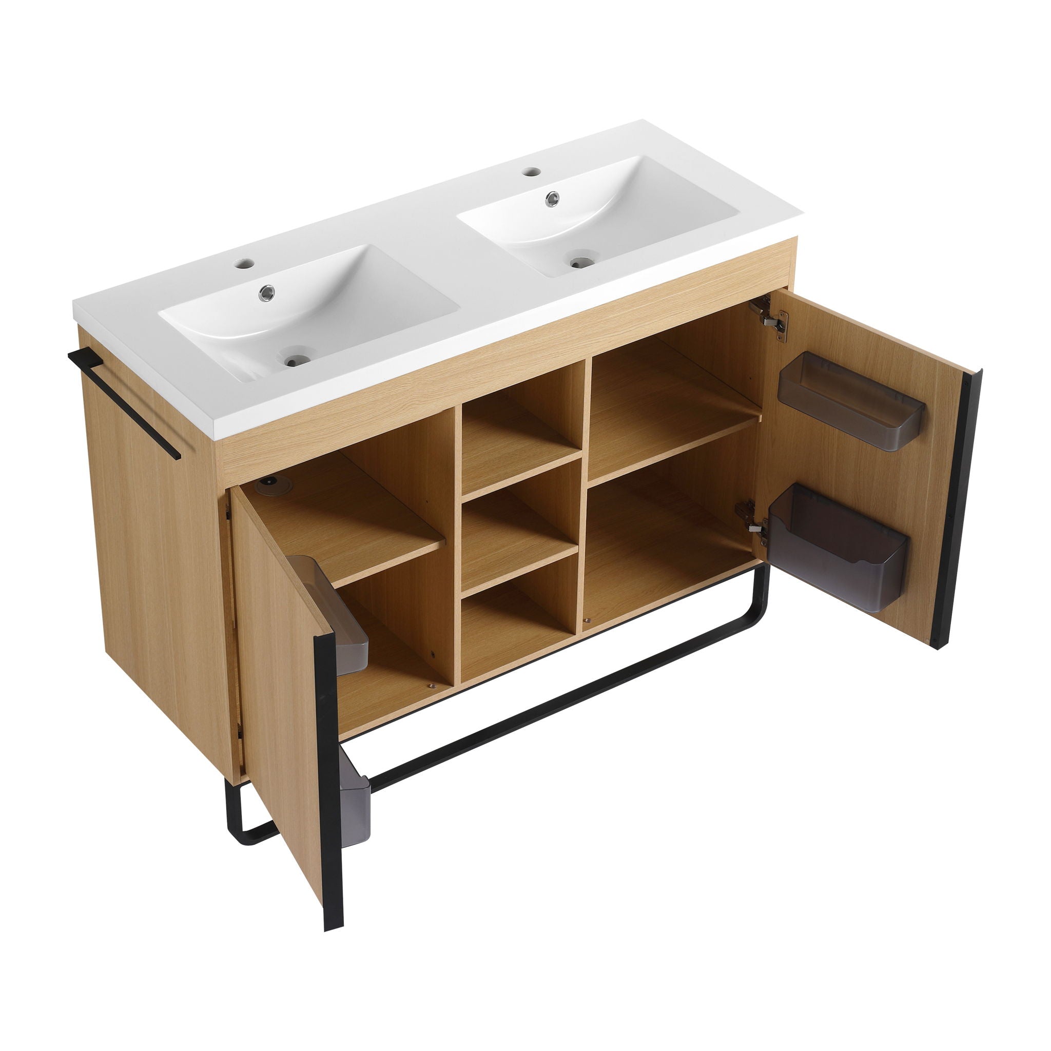 48" Freestanding Bathroom Vanity With Double Sink, 2 Soft Close Doors & 3 Open Shelves - Oak