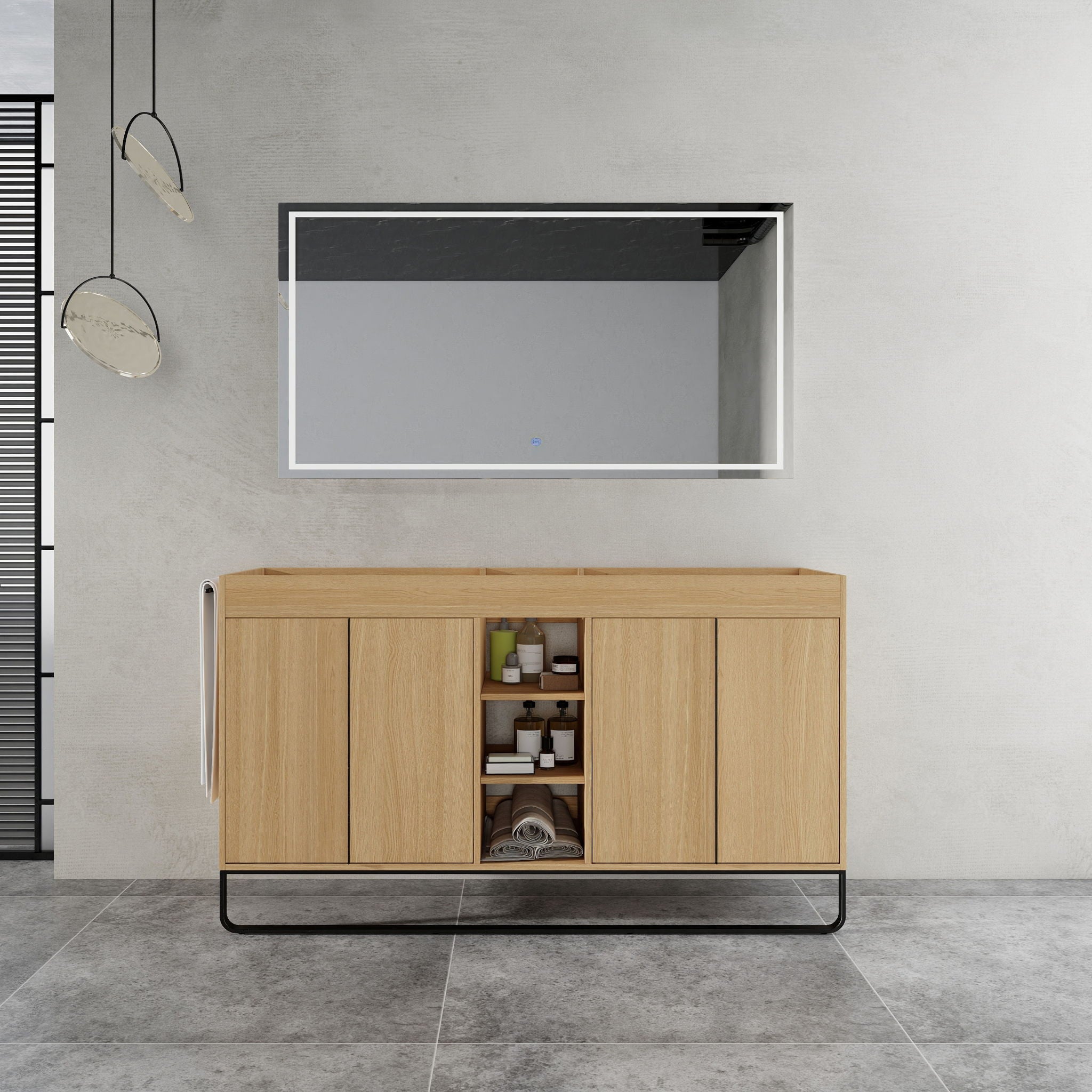 58" Freestanding Bathroom Cabinet With 4 Soft Close Doors & 3 Open Racks (Vanity Only, No Sink) - Oak