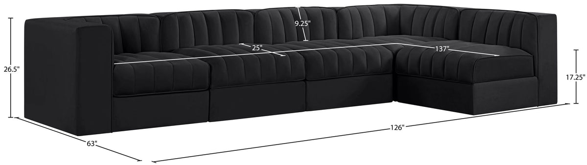 Rummi - Velvet Performance Fabric Upholstered 5 Piece Modular Sectional, L-Shaped (Right)