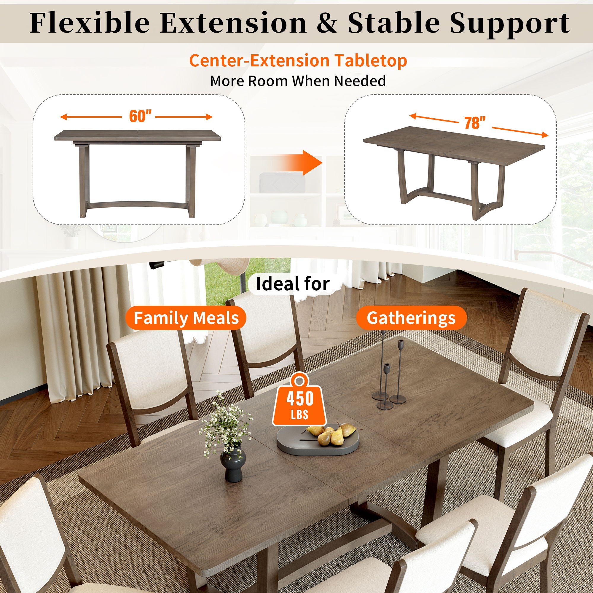 Rectangular Extendable Dining Table Set With 6 Upholstered Chairs
