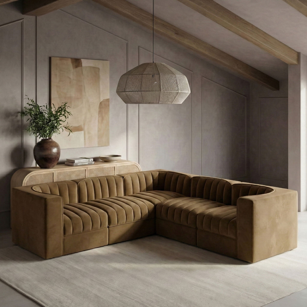 Rummi - Symmetrical Velvet Performance Fabric Upholstered 5 Piece Modular Sectional