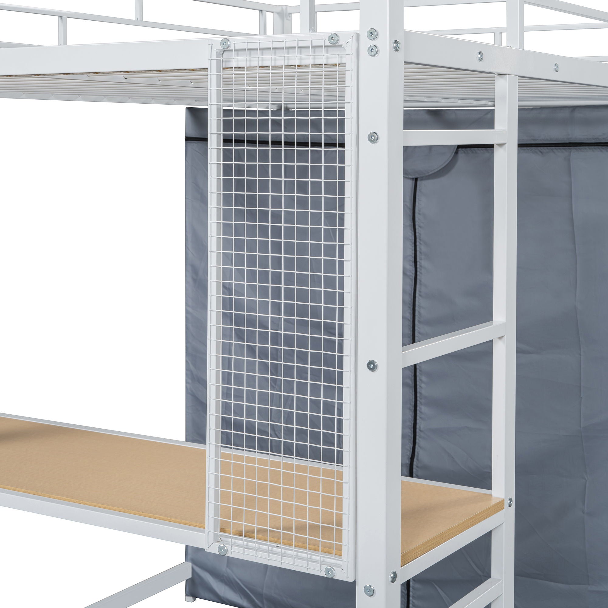 Full Size Loft Bed With Desk, Shelves, Power Outlet, LED Light And Wardrobe - White