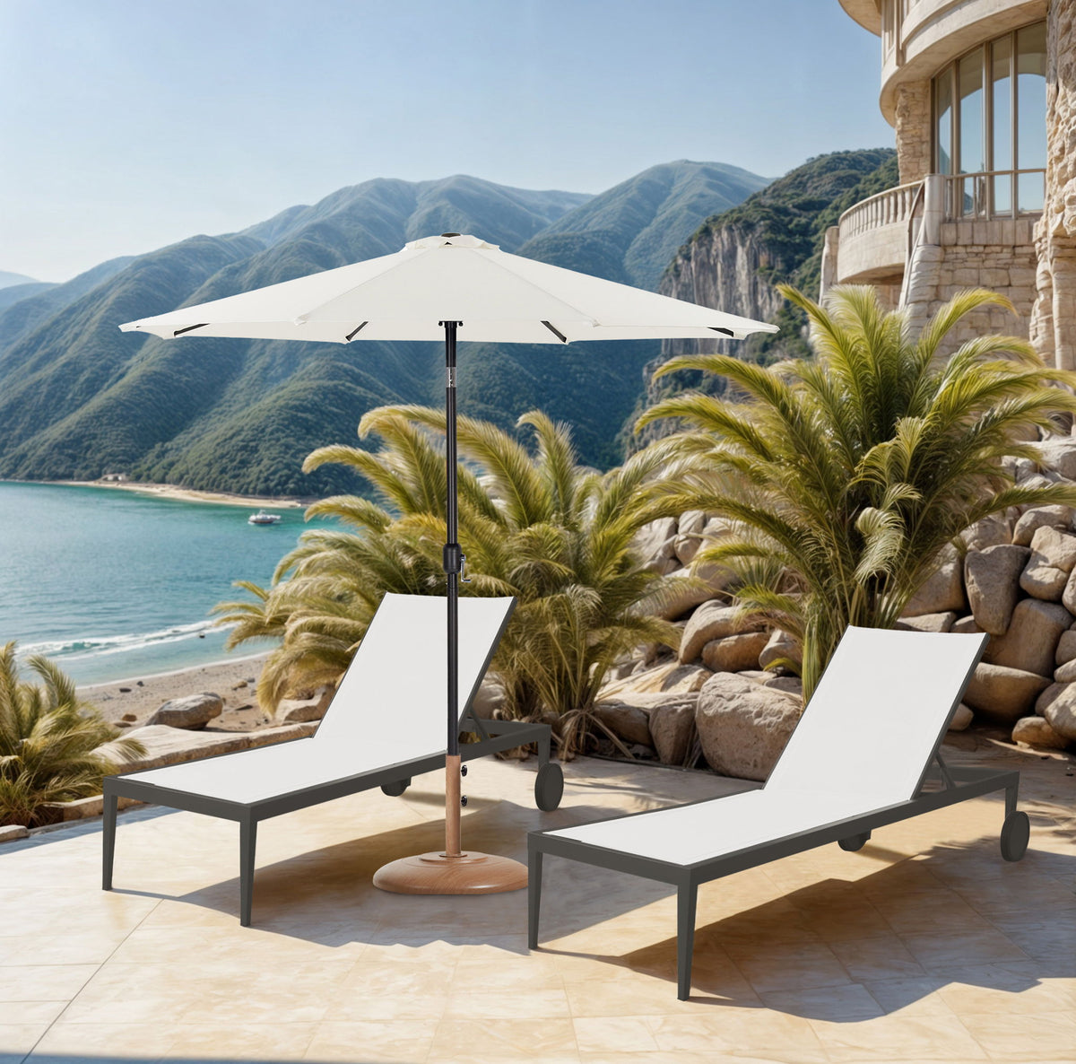 Fiji - Aluminum Patio Umbrella With Round Teak And Black Base