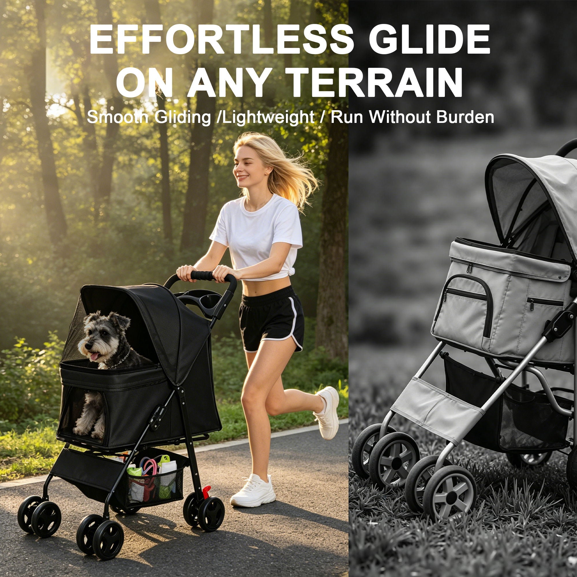 Foldable Pet Stroller For Small Dogs And Cats With Multi Functional Tray