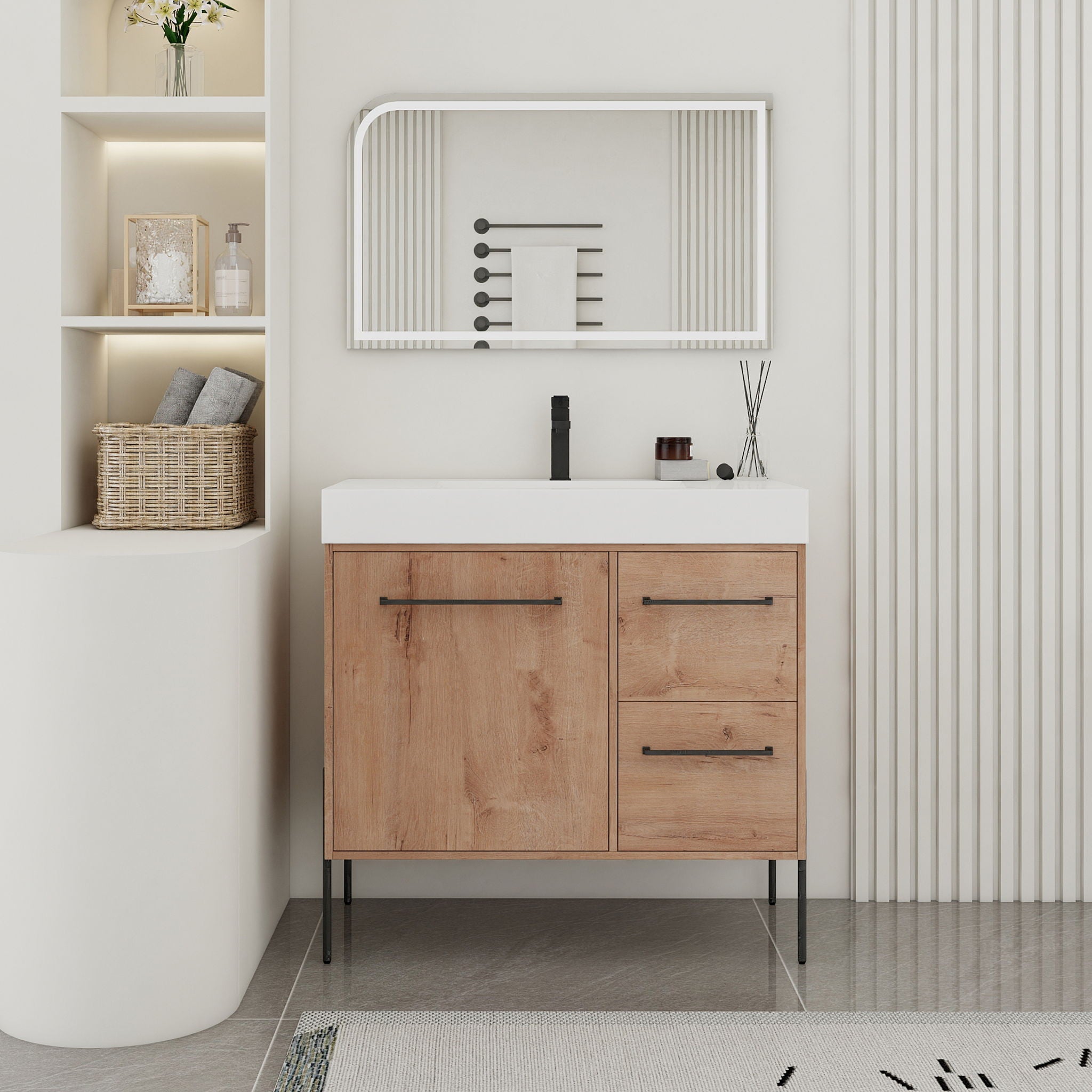 36" Freestanding Bathroom Vanity With Sink, Soft Close Doors & 2 Drawers - Imitative Oak