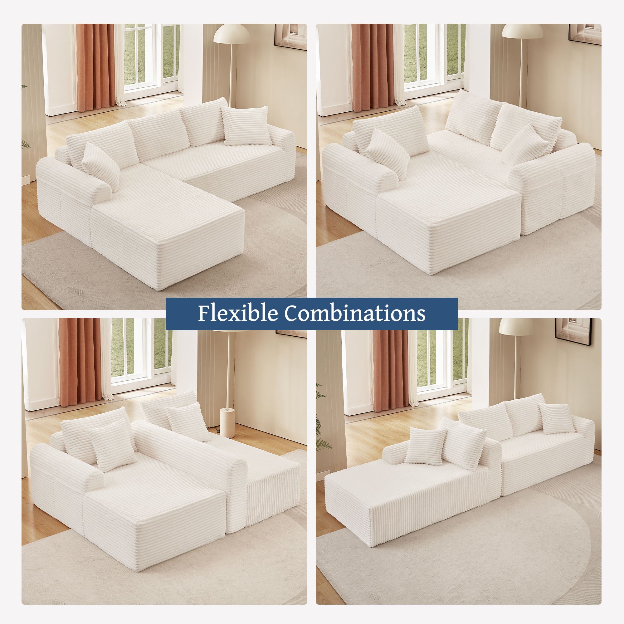 Full Compression Chaise Lounge Set Modular Corduroy Sectional With Arched Armrests Non Slip Base Includes 3 Back Cushions & 2 Throw Pillows - White