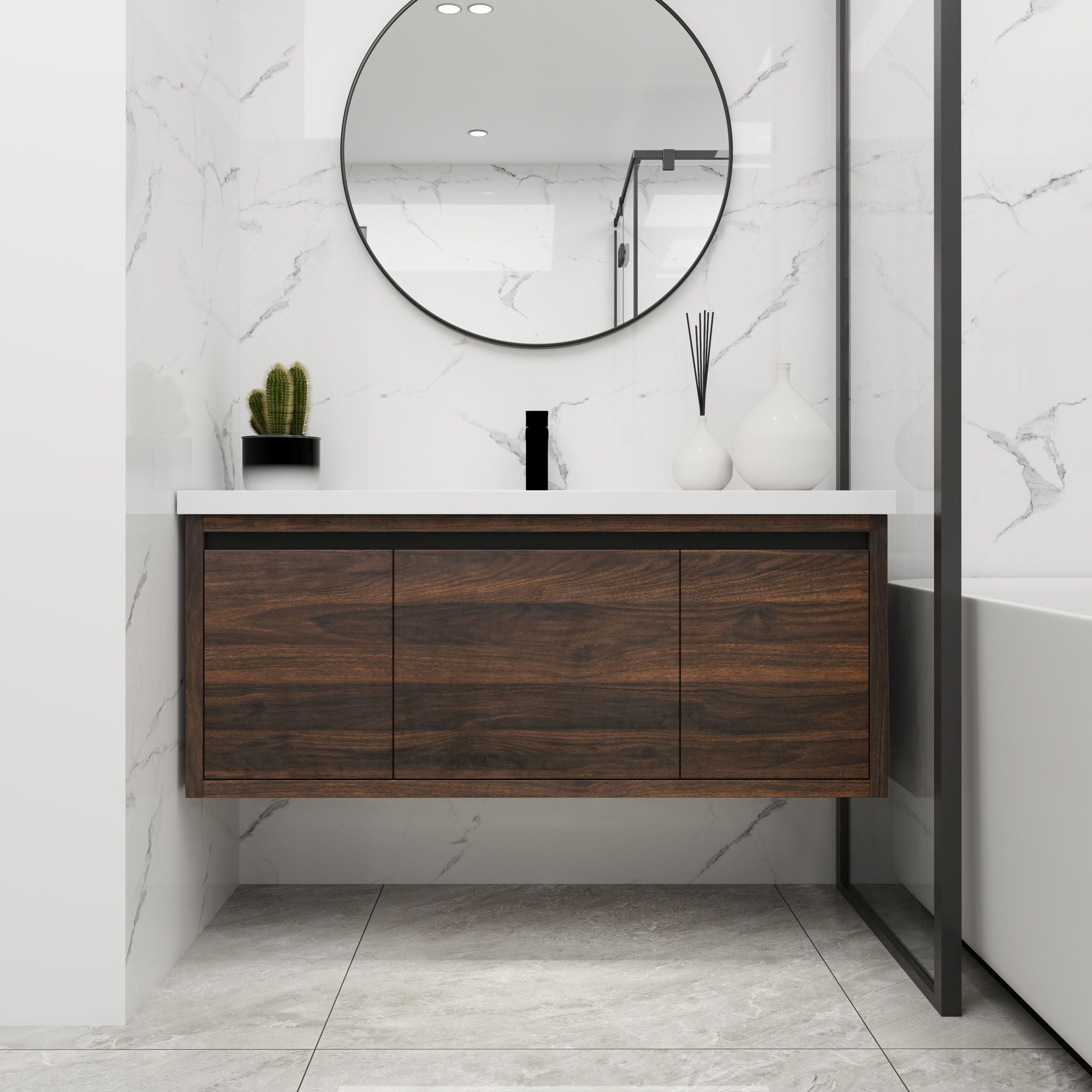 Floating 48" Bathroom Vanity With Resin Sink And Soft Close Doors California Plywood - California Walnut