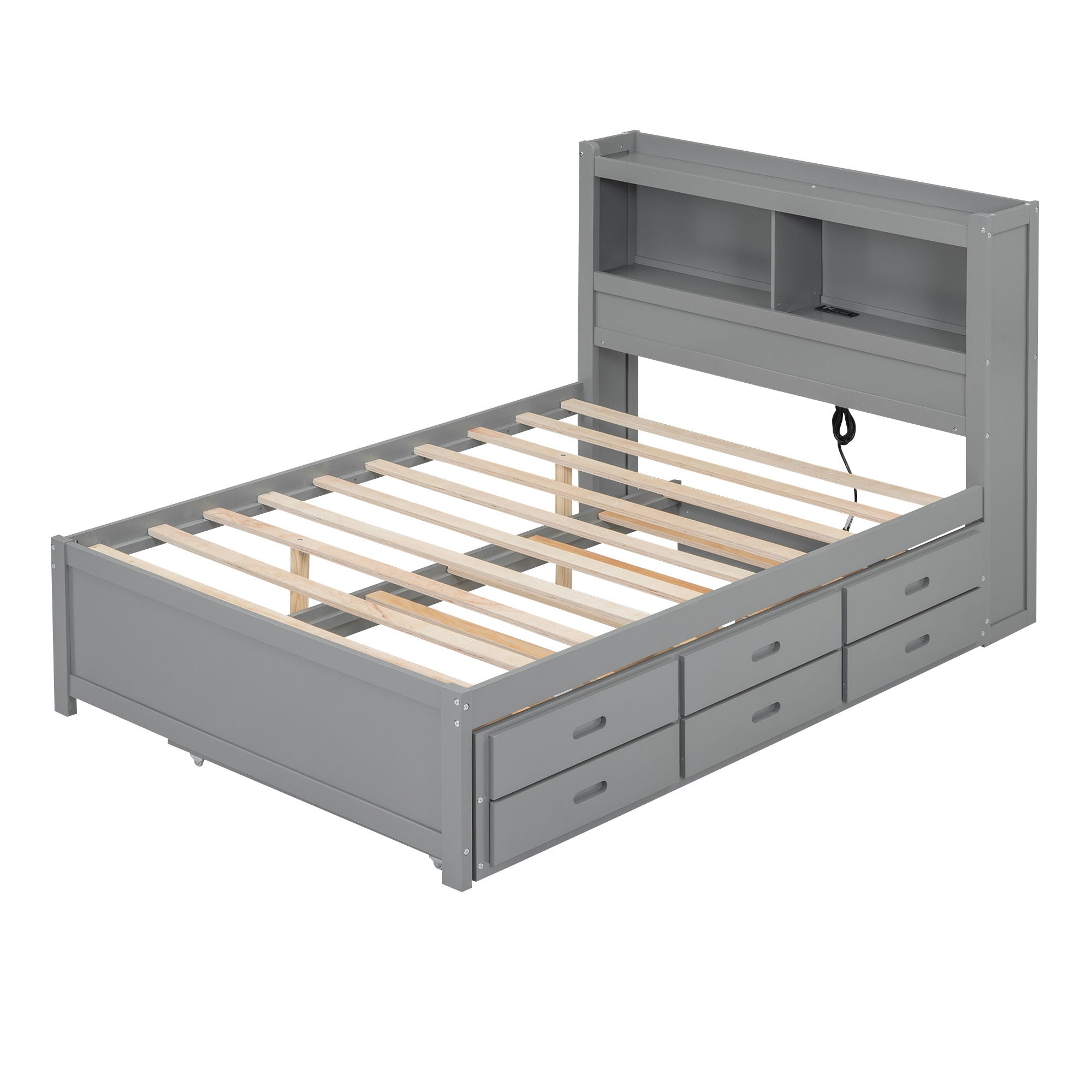 Platform Bed With Trundle, Drawers, USB Ports And Built In Shelves