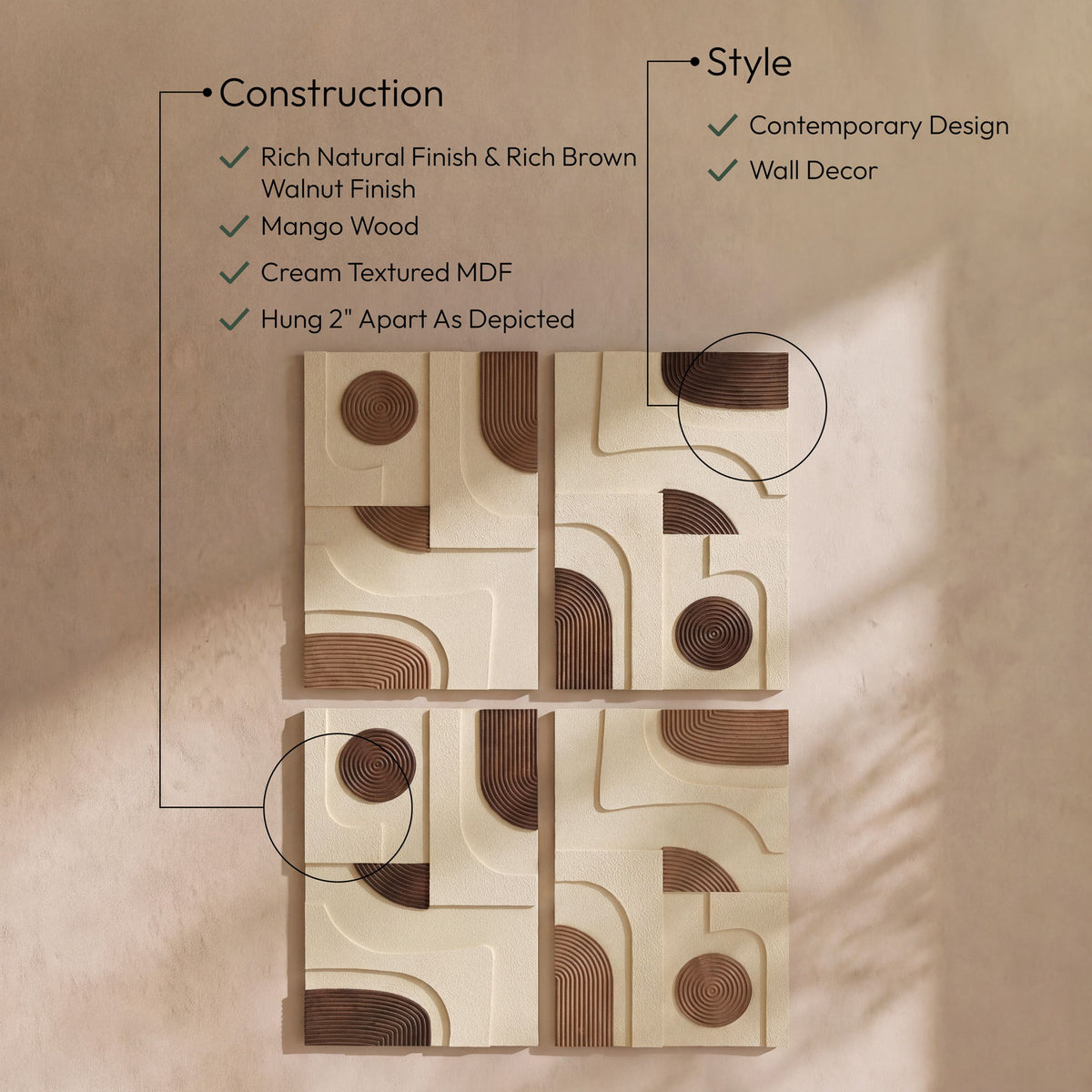 Element - Mango Wood 4 Piece Wall Art - Natural / Brown