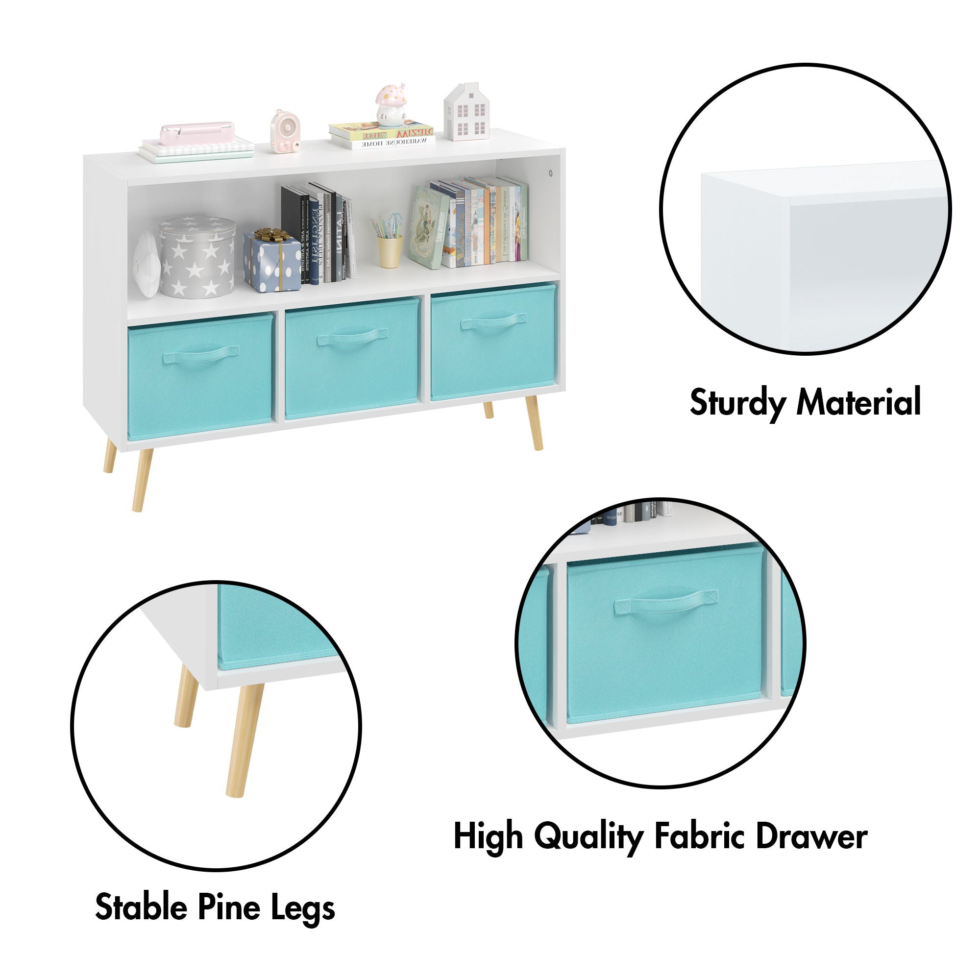 Bookcase With Collapsible Drawers, Book Display Storage Cabinet Organizer - White / Blue