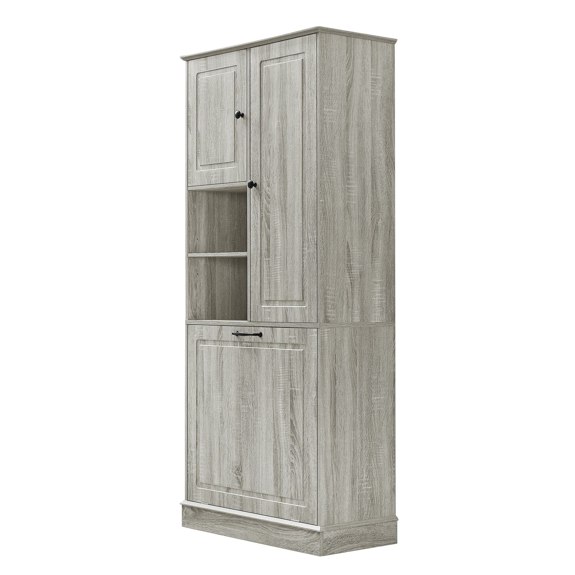 Modern Tall Storage Cabinet With Adjustable Shelves, Flip-Out Basket & Enclosed Doors