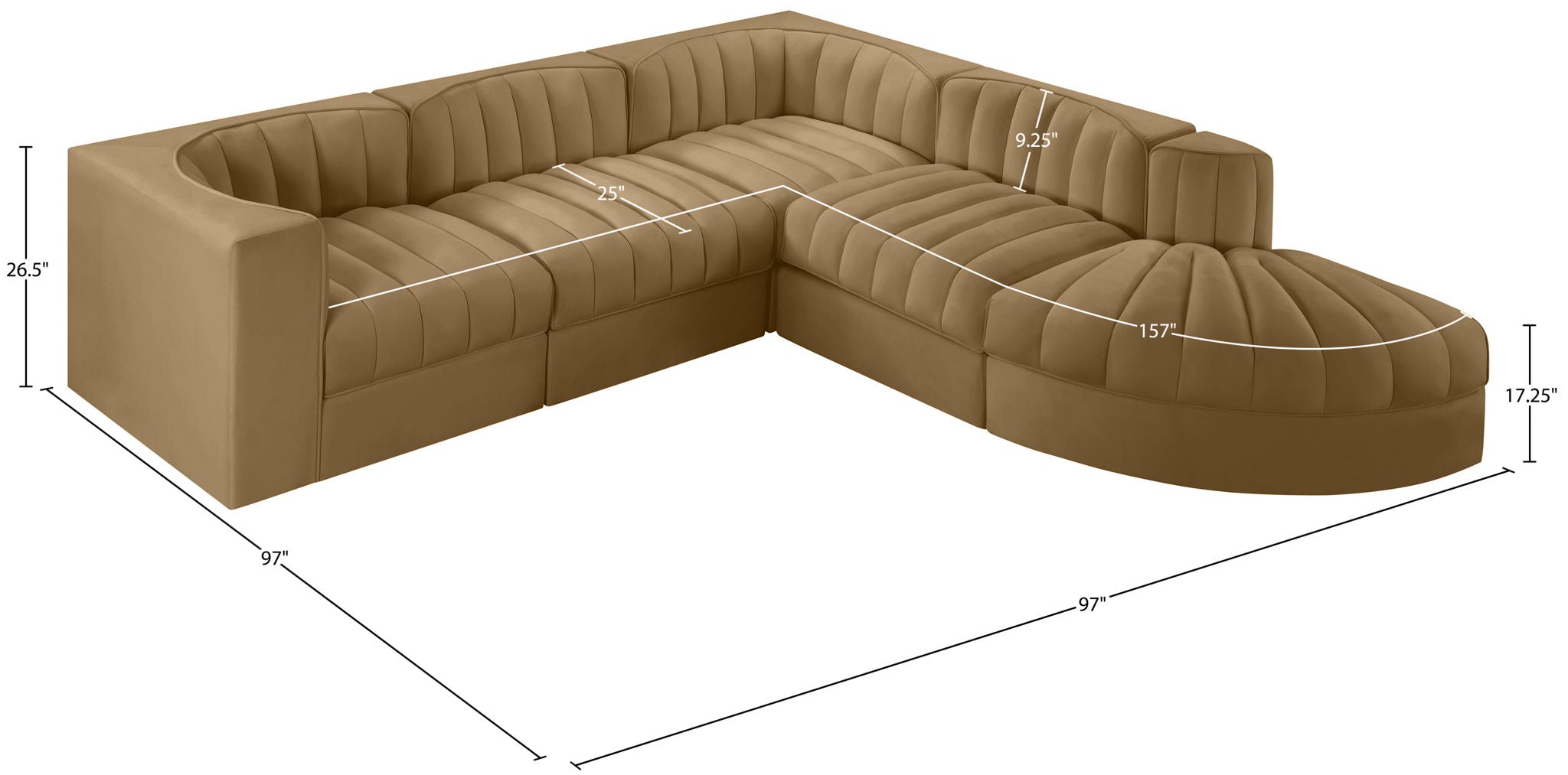 Rummi - Velvet Performance Fabric Upholstered 5 Piece Modular Sectional