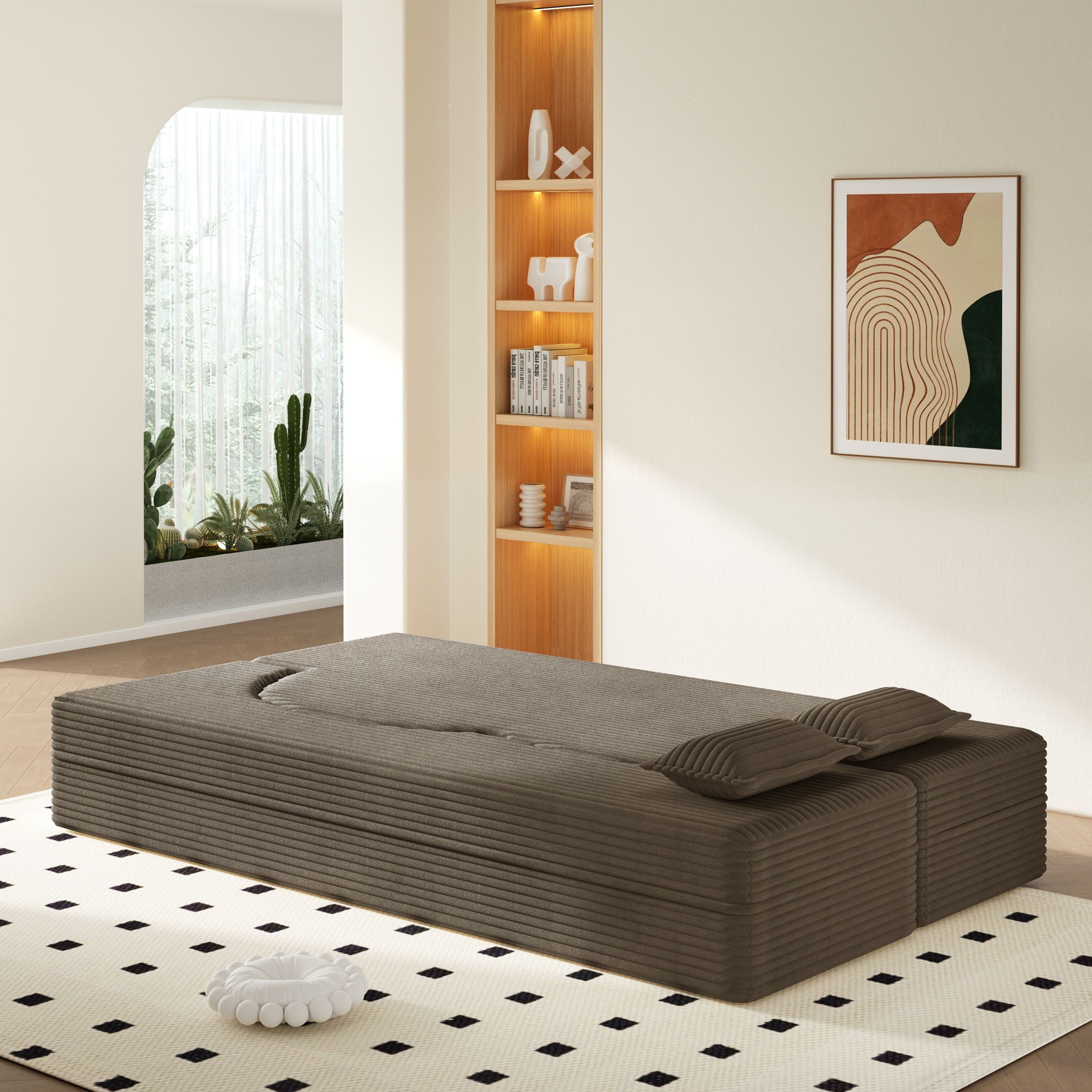 Modern Floor Sofa With 2 Pillows, Convertible Twin Size Folding Mattress For Living Room
