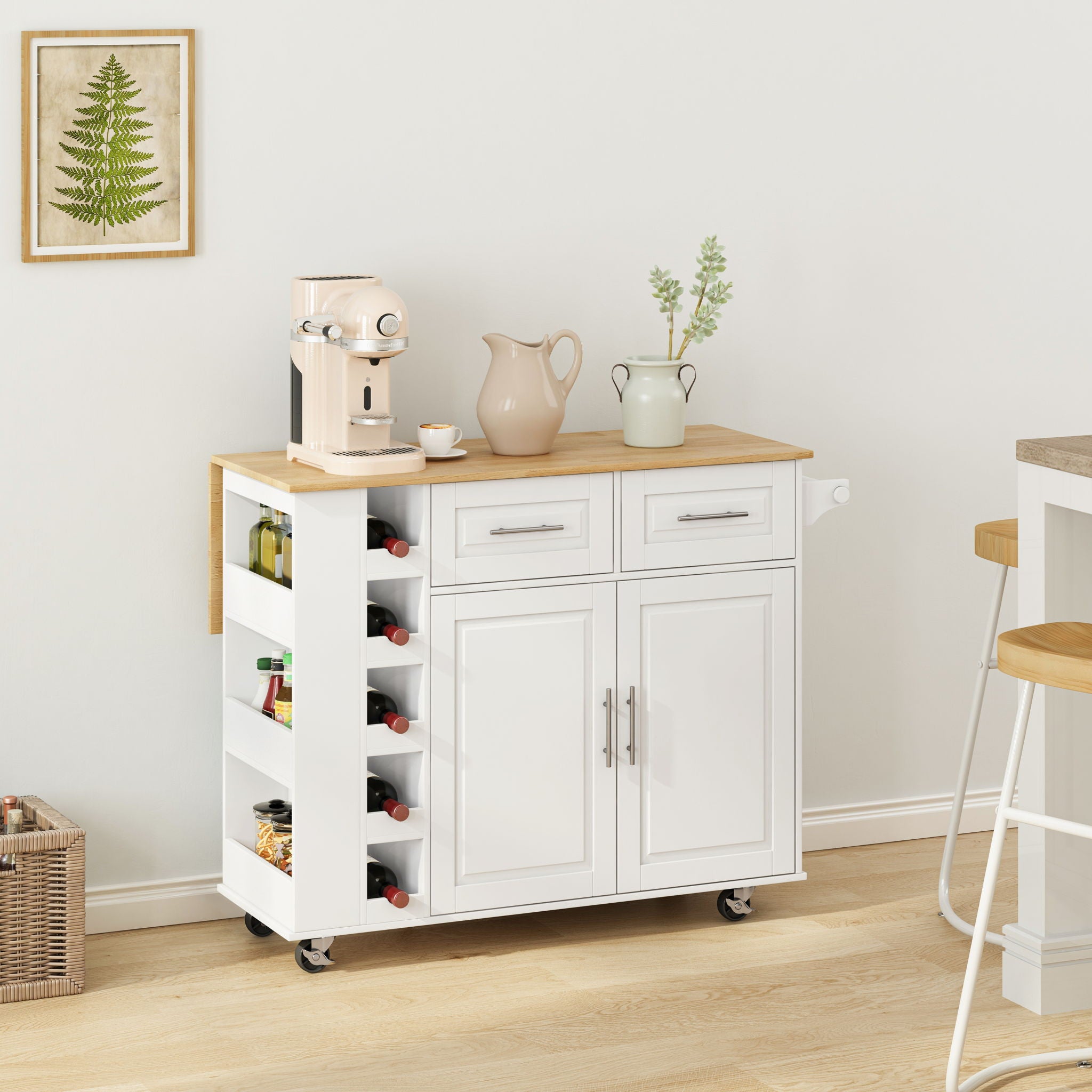 Kitchen Island Cart With 2 Door Cabinet, 2 Drawers, Spice Rack, Towel Holder, Wine Rack, And Foldable Top - White