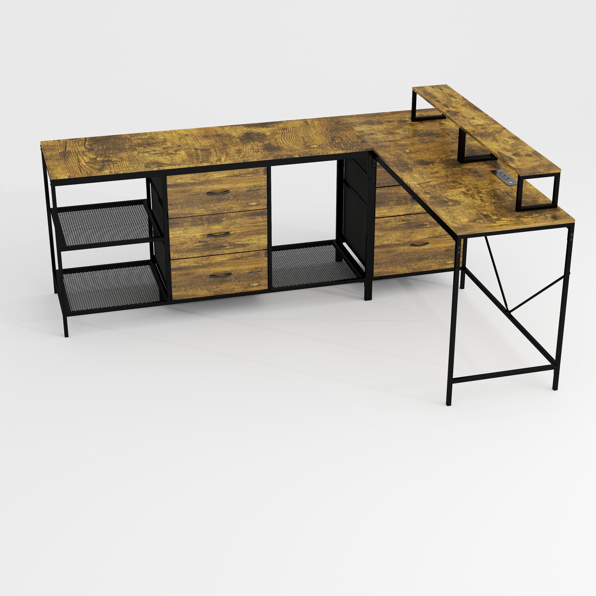 Industrial L Shaped Desk With Power Hub With 6 Drawers And Adjustable Monitor Stands - Brown