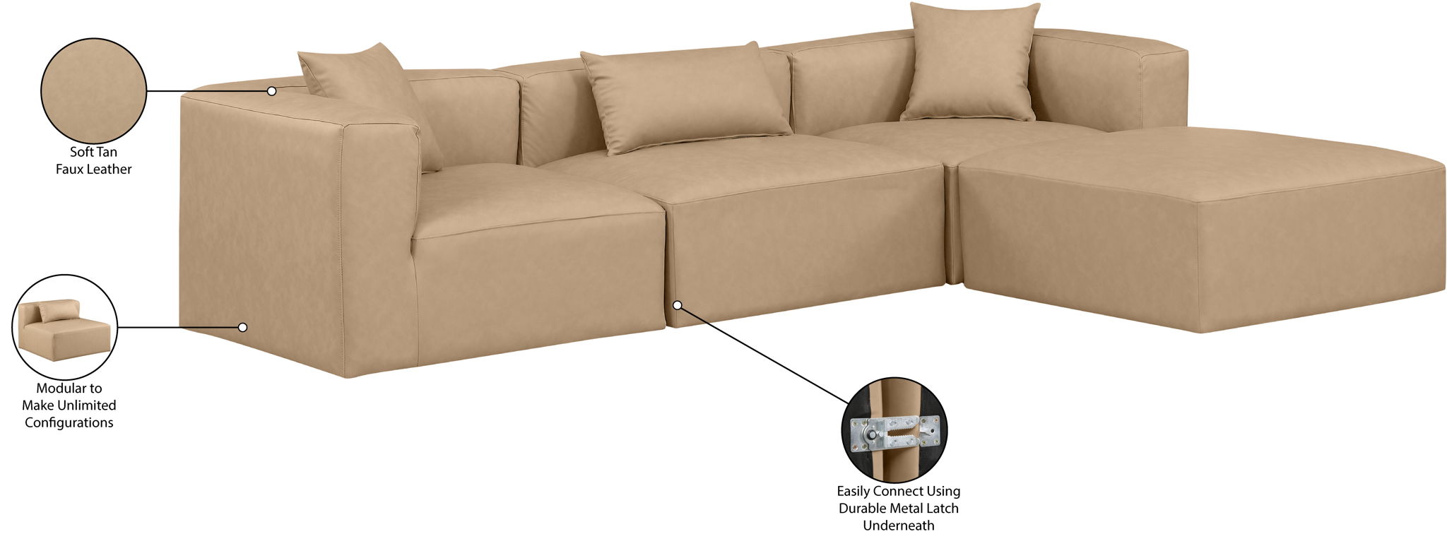 Cube - 4 Piece Modular Sectional With Chaise - Tan