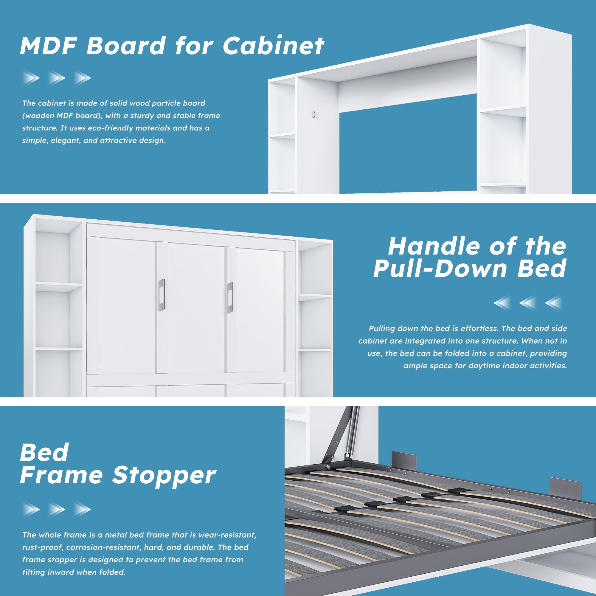 Queen Murphy Bed With Storage Cabinet, Foldable Wall Bed For Bedrooms - White